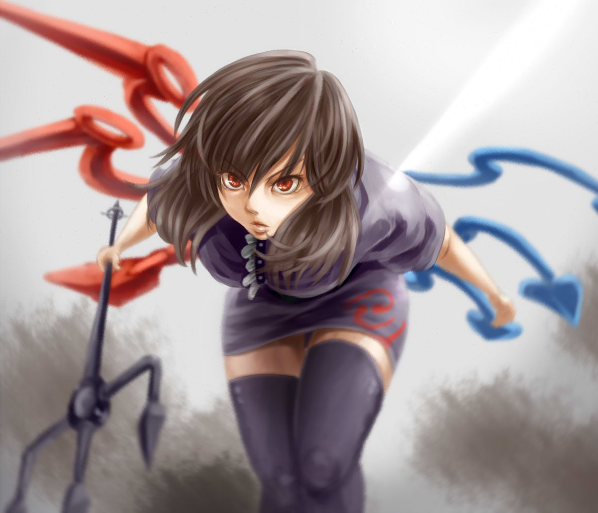 birry, houjuu nue, touhou, 1girl, asymmetrical wings, bent over, black hair, black thighhighs, blurry, depth of field, female focus, polearm, red eyes, short hair, solo, spear, staring, thighhighs, trident, weapon, wings, zettai ryouiki
