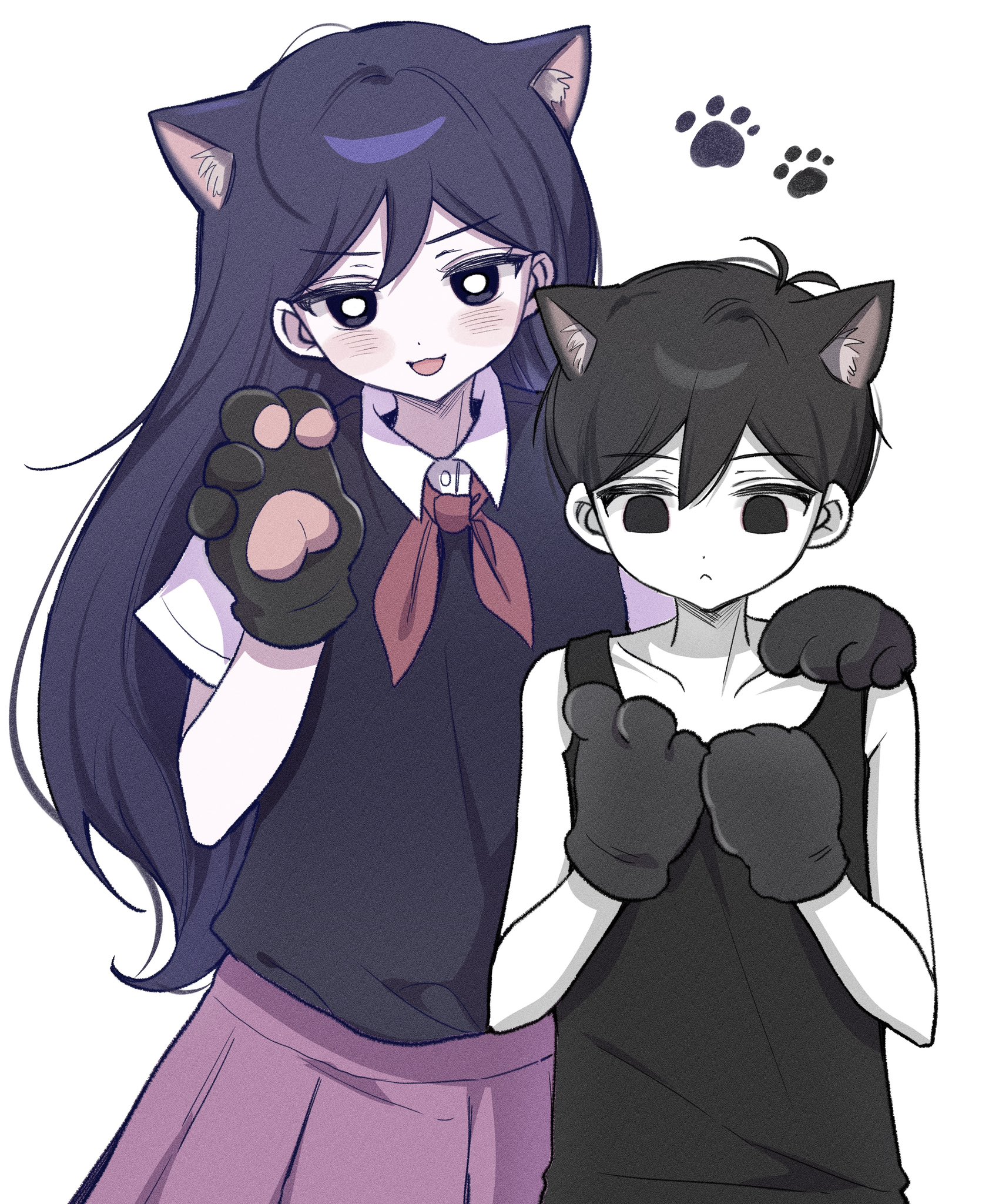 wktdms1, mari (headspace) (omori), mari (omori), omori (omori), omori, commentary request, highres, korean commentary, 1boy, 1girl, :<, :3, animal ears, animal hands, antenna hair, black eyes, black hair, black sweater vest, black tank top, blush, cat boy, cat ears, cat girl, cat paws, closed mouth, collared shirt, colored skin, double-parted bangs, hair between eyes, hand on another's shoulder, kemonomimi mode, long hair, looking at viewer, neckerchief, open mouth, pleated skirt, purple eyes, purple hair, red neckerchief, red skirt, shirt, short hair, short sleeves, skirt, smile, sweater vest, tank top, white shirt, white skin