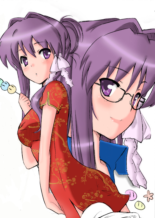 fujibayashi kyou, clannad, dango daikazoku, 00s, bespectacled, china dress, chinese clothes, dress, glasses, japanese clothes, kimono, long hair, purple eyes, purple hair, ribbon