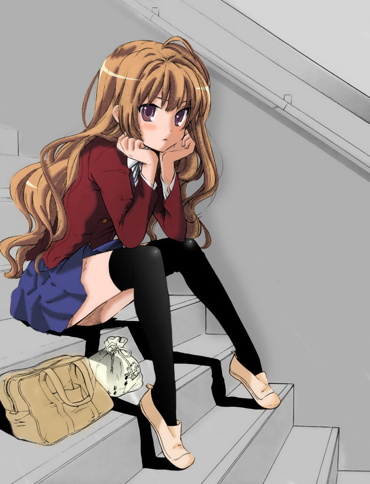 aisaka taiga, toradora!, 1girl, brown eyes, brown hair, female focus, legs, long hair, ribbon, school uniform, skirt, solo, thighhighs