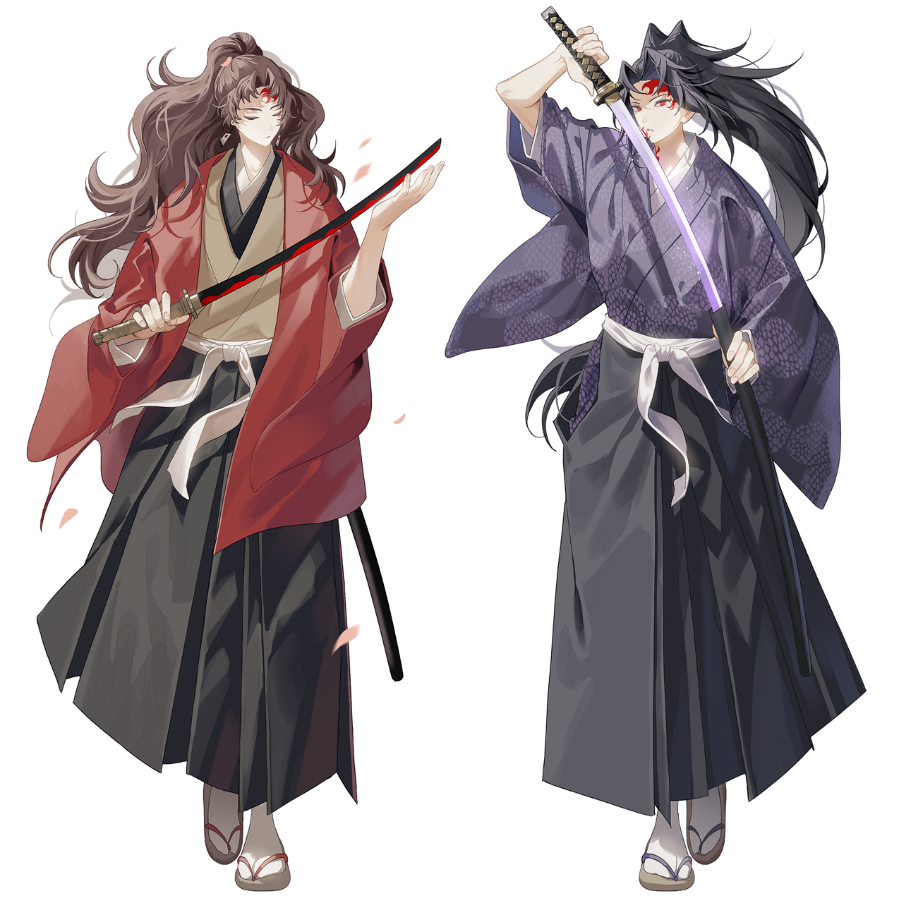 sal gun, kokushibou, tsugikuni yoriichi, kimetsu no yaiba, commentary request, highres, 2boys, black hair, brown hair, closed mouth, colored sclera, earrings, haori, high ponytail, japanese clothes, jewelry, kimono, long hair, long sleeves, male focus, multiple boys, ponytail, sandals, simple background, sword, weapon, wide sleeves