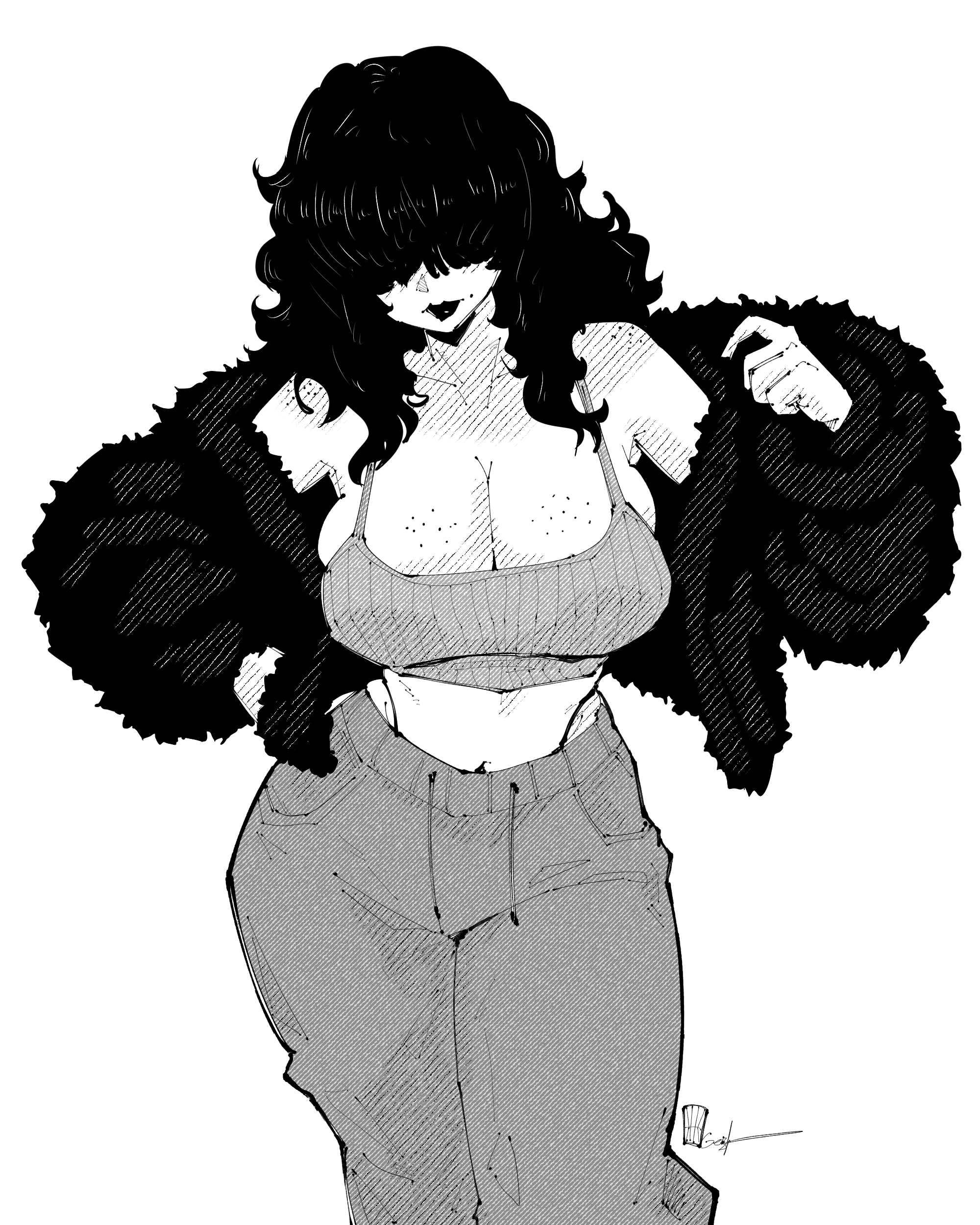 miregeist, original, absurdres, commentary, english commentary, highres, 1girl, body freckles, breast freckles, breasts, cleavage, closed mouth, covered eyes, cowboy shot, crop top, facing viewer, freckles, fur jacket, greyscale, hair over eyes, hatching (texture), jacket, large breasts, lipstick, long bangs, long hair, long sleeves, makeup, monochrome, pants, panty straps, simple background, solo, white background