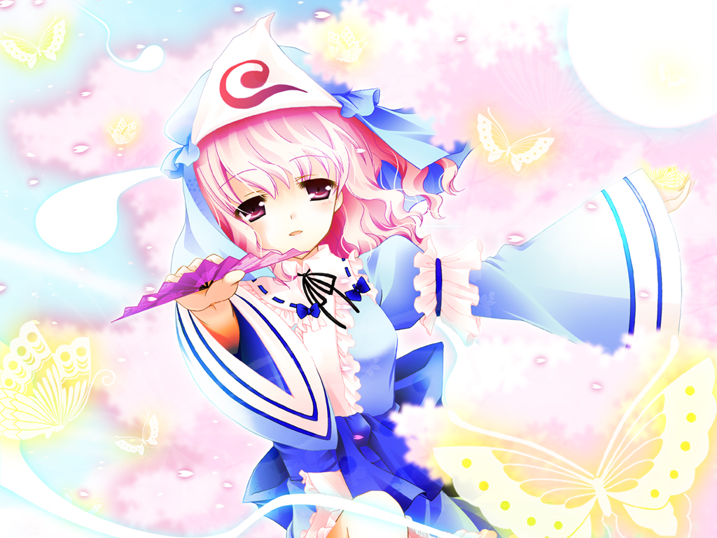 rinka (ri ko), saigyouji yuyuko, touhou, 1girl, breasts, bug, butterfly, cherry blossoms, female focus, folding fan, ghost, hairband, hand fan, hat, hitodama, japanese clothes, petals, pink eyes, pink hair, short hair, smile, solo, triangular headpiece