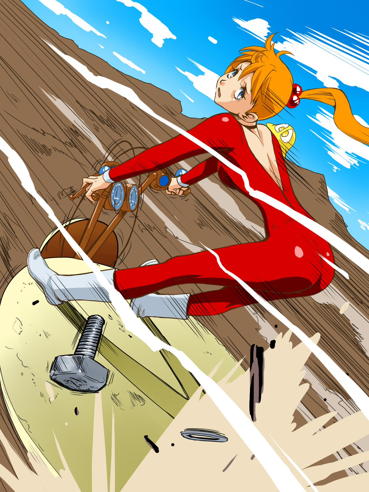 kanada yoshinori, mots, mongaa (birth), rasa jupiter, birth (oav), vehicle, 1980s (style), bad id, bad pixiv id, highres, 1girl, ass, blue eyes, bodysuit, bolt (hardware), boots, choker, dutch angle, female focus, hair bobbles, hair ornament, looking back, motion lines, oldschool, open mouth, orange hair, ponytail, red bodysuit, retro artstyle, shaking, solo, speed lines, trembling, white boots