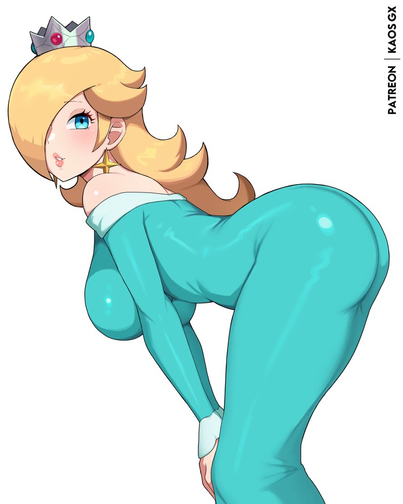 kaos art, rosalina, mario (series), nintendo, commentary, 1girl, alternate breast size (larger), aqua dress, ass, bare shoulders, bent over, blonde hair, blue eyes, blush, breasts, crown, dress, earrings, from side, hair over one eye, hands on own knees, hanging breasts, jewelry, large breasts, long hair, long sleeves, looking at viewer, off-shoulder dress, off shoulder, parted lips, solo, star (symbol), star earrings, tight clothes, tight dress, white background