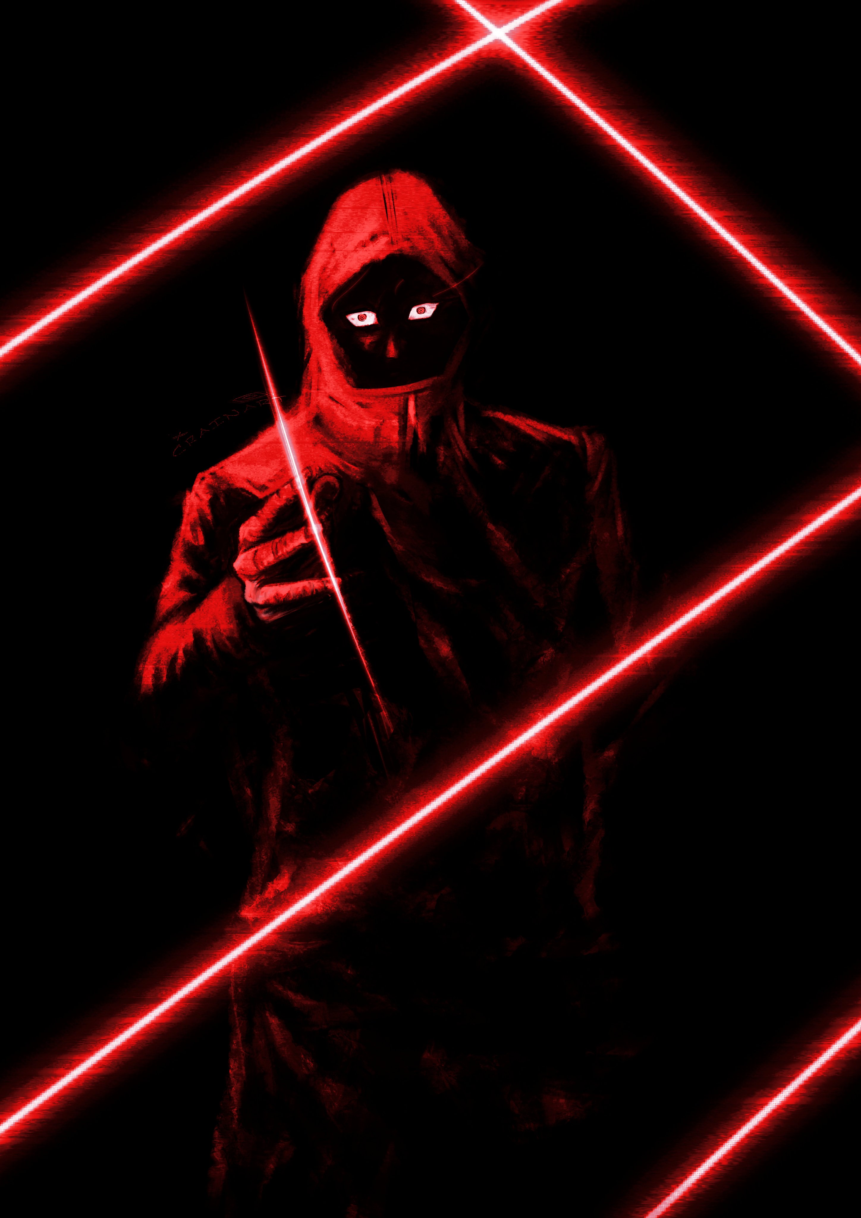 crain1art, black lightning, itadori yuuji, jujutsu kaisen, jujutsu kaisen modulo, absurdres, highres, 1boy, attack trail, black flash (jujutsu kaisen), creepy eyes, glowing fist, hood, hooded jacket, incoming attack, jacket, male focus, red eyes, red lightning, solo