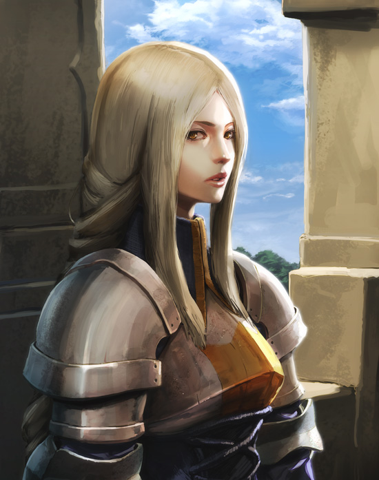 usatarou, agrias oaks, final fantasy, final fantasy tactics, armor, blonde hair, braid, brown eyes, long hair, single braid, sky, solo