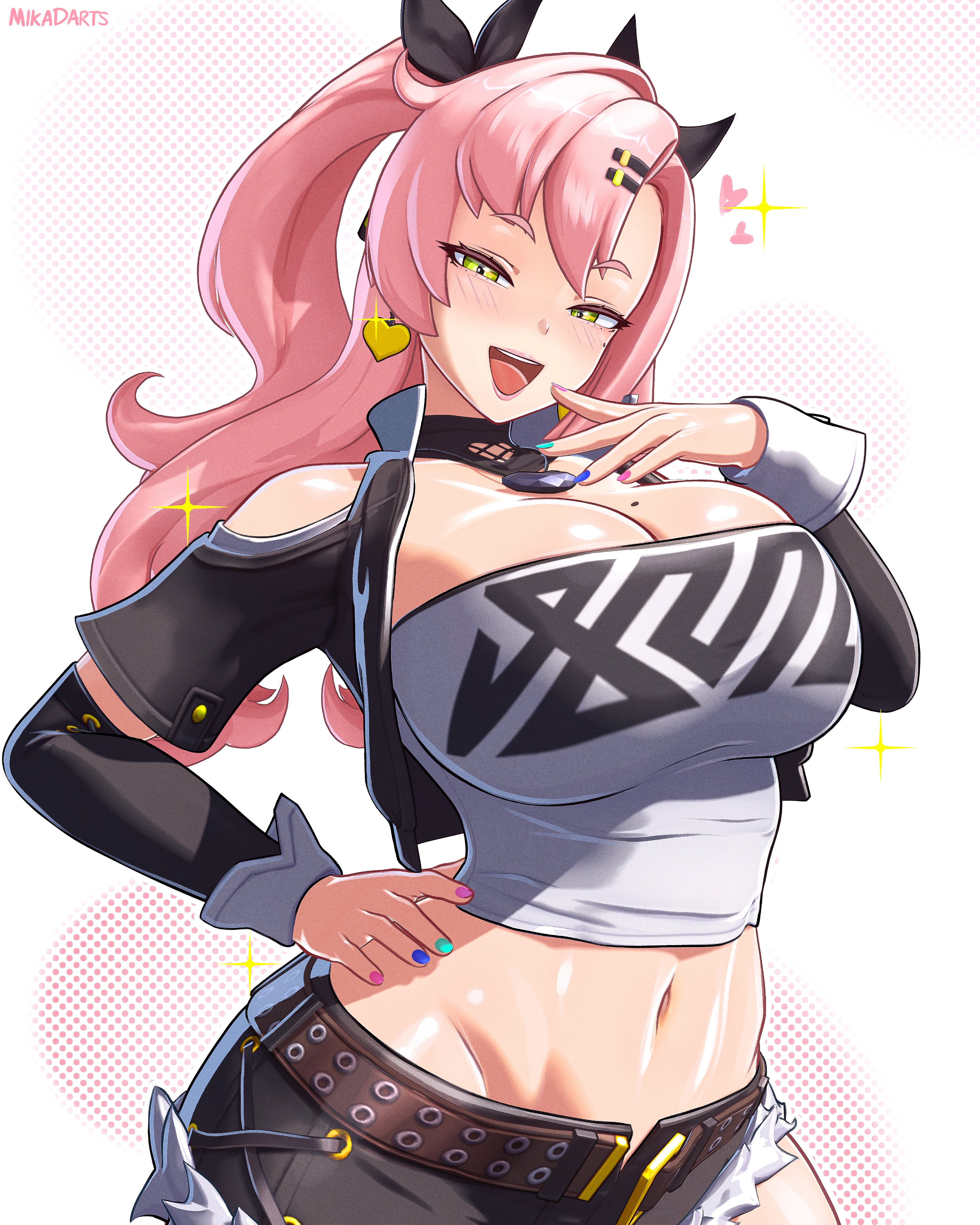 mika dawn, nicole demara, zenless zone zero, absurdres, highres, 1girl, breasts, cleavage, detached sleeves, earrings, female focus, green eyes, hand on own hip, heart, jewelry, large breasts, long hair, looking at viewer, midriff, mole, mole on breast, mole under eye, nail polish, navel, pink hair, solo