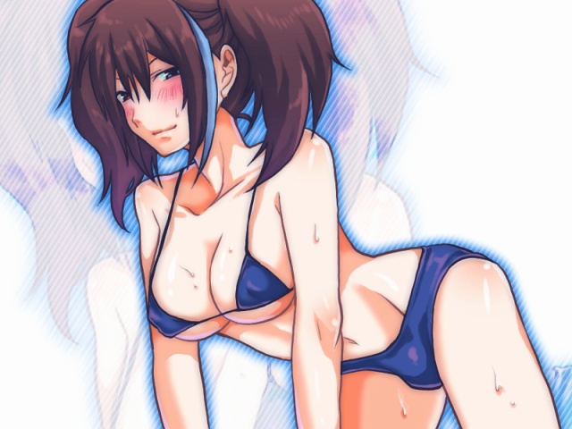 sate hatena, yokune ruko, utau, vocaloid, 1futa, all fours, bikini, blue bikini, blue eyes, blue hair, blush, body blush, breasts, brown hair, bulge, cleavage, covered erect nipples, from side, futanari, hair between eyes, heterochromia, large breasts, looking at viewer, matching hair/eyes, micro bikini, multicolored hair, navel, outline, purple bikini, red eyes, short hair, short twintails, smile, solo, strap gap, streaked hair, striped background, sweat, swimsuit, twintails, underboob, zoom layer