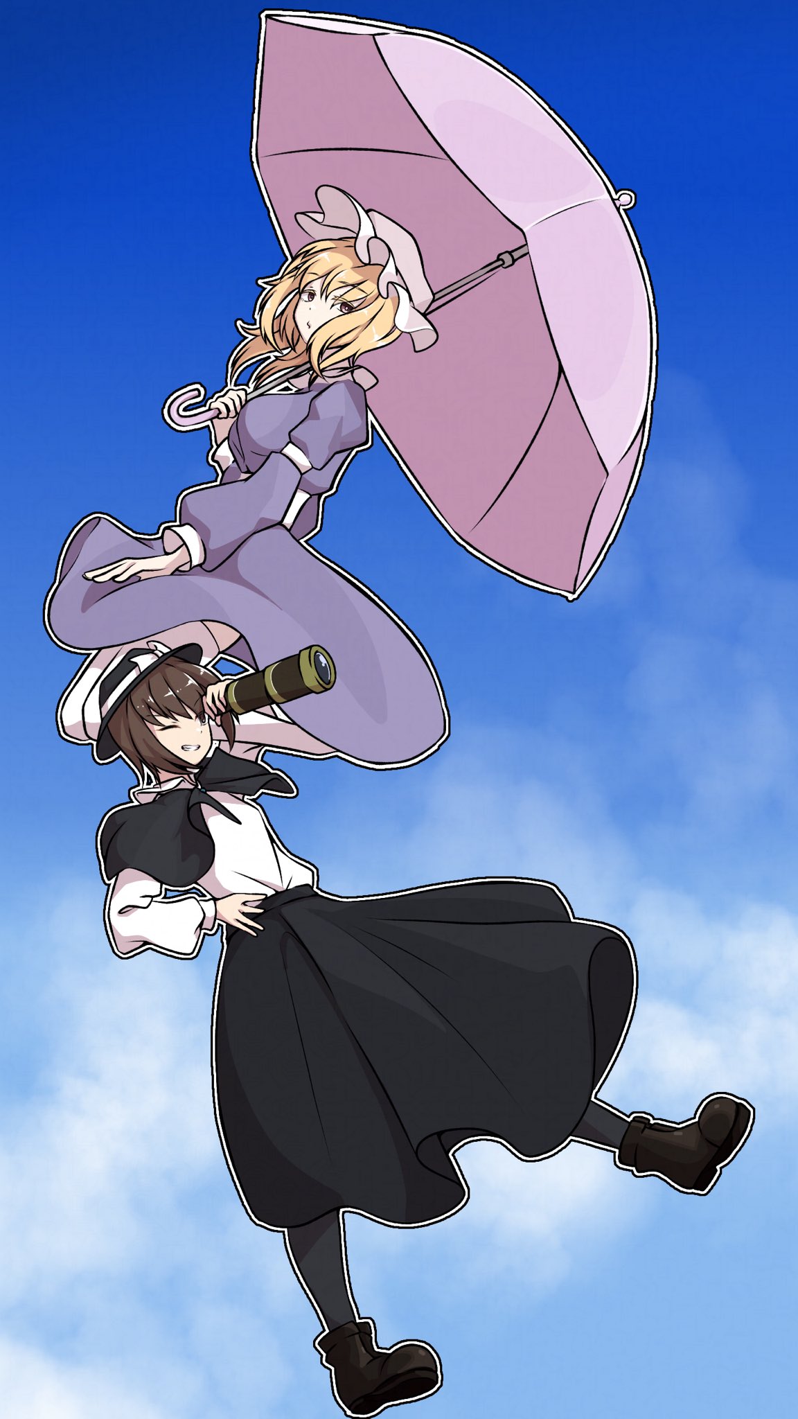 iwoillust, maribel hearn, usami renko, touhou, commentary request, highres, 2girls, black boots, black capelet, black hat, black leggings, black skirt, blonde hair, blue sky, boots, bow, brown eyes, brown hair, capelet, cloud, collared dress, collared shirt, contrast collar, dress, fedora, full body, grin, hand on own hip, hat, hat bow, holding, holding telescope, holding umbrella, leggings, long sleeves, medium hair, mob cap, multiple girls, one eye closed, outline, pink umbrella, purple dress, purple eyes, shirt, shirt tucked in, skirt, sky, smile, teeth, telescope, thighhighs, umbrella, white bow, white hat, white outline, white shirt, white thighhighs