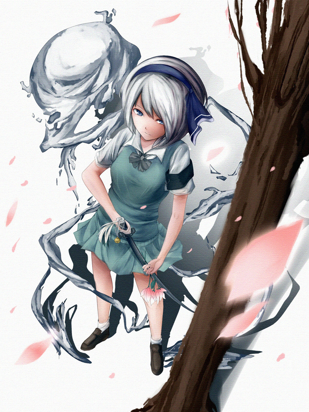 metalwasabi, konpaku youmu, konpaku youmu (ghost), touhou, highres, 1girl, blue eyes, female focus, from above, ghost, hairband, katana, petals, short hair, solo, standing, sword, texture, weapon, white hair