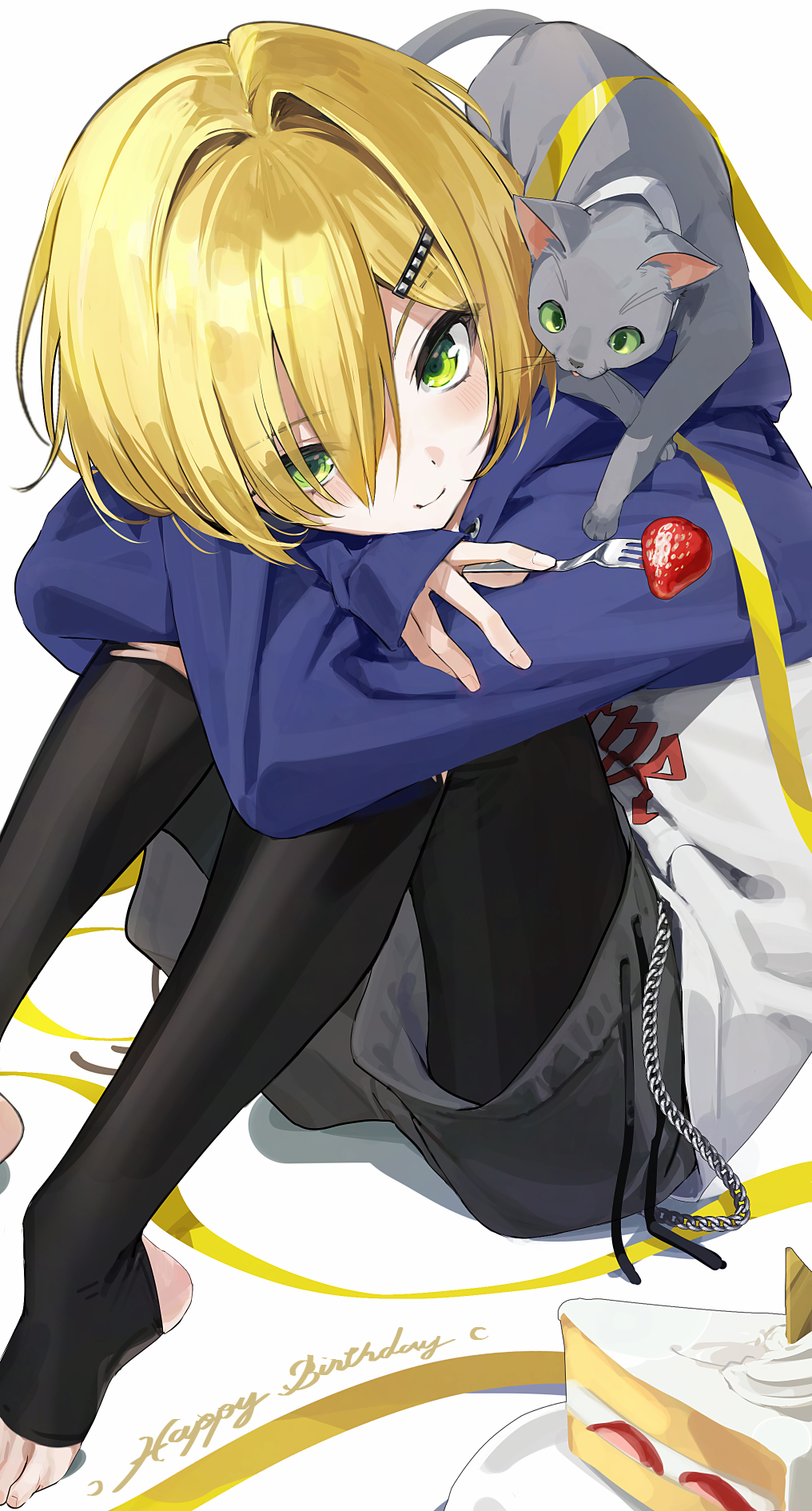 fuubuu, uzuki kou, uzuki kou (5th costume), nijisanji, commentary request, highres, 1boy, animal, animal on shoulder, black pantyhose, blonde hair, cake, cake slice, cat, cat on shoulder, crossed arms, food, fork, fruit, green eyes, grey cat, hair between eyes, hair ornament, hairclip, happy birthday, holding, holding fork, hood, hood down, hoodie, looking at viewer, male focus, official alternate costume, pantyhose, short hair, shorts, simple background, sitting, smile, solo, stirrup legwear, strawberry, toeless legwear, virtual youtuber, white background