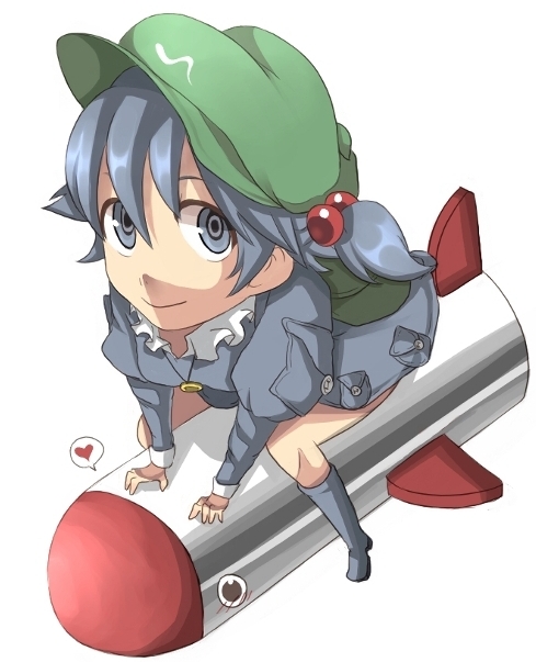 cats brain, kawashiro nitori, mimi-chan, touhou, touhou (pc-98), bad id, bad pixiv id, 1girl, backpack, bag, blue boots, blue dress, blue eyes, blue hair, blush, boots, closed mouth, dress, female focus, flat cap, from above, full body, green hat, hair bobbles, hair ornament, hat, heart, looking at viewer, looking up, perspective, pocket, rocket, simple background, sitting, smile, solo, twintails, white background