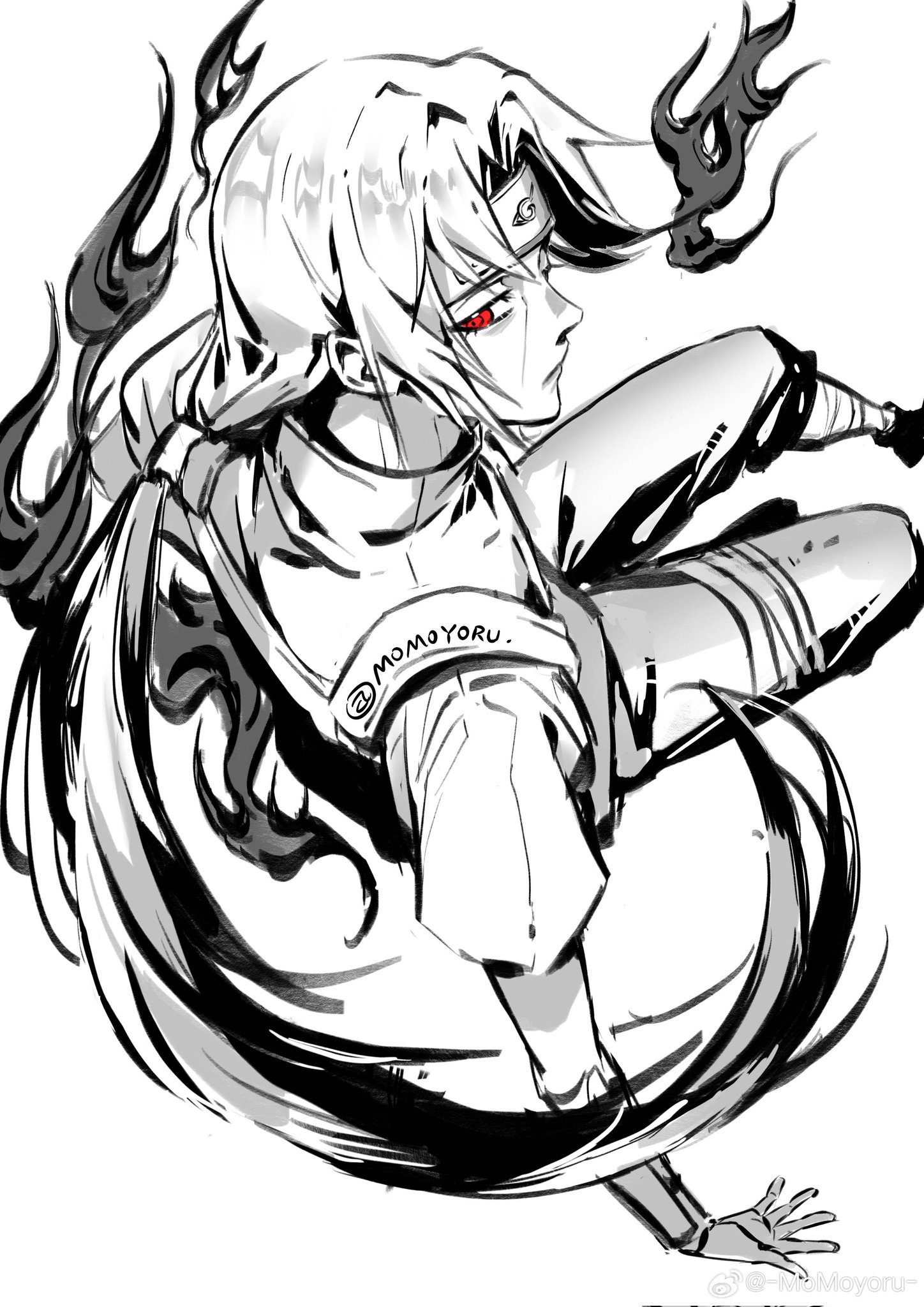 momoyoru1, uchiha itachi, naruto (series), naruto shippuuden, corrupted twitter file, highres, 1boy, curtained hair, forehead protector, konohagakure symbol, long hair, low ponytail, male focus, ponytail, red eyes, simple background, solo, spot color, twitter username, watermark, weibo watermark, white background