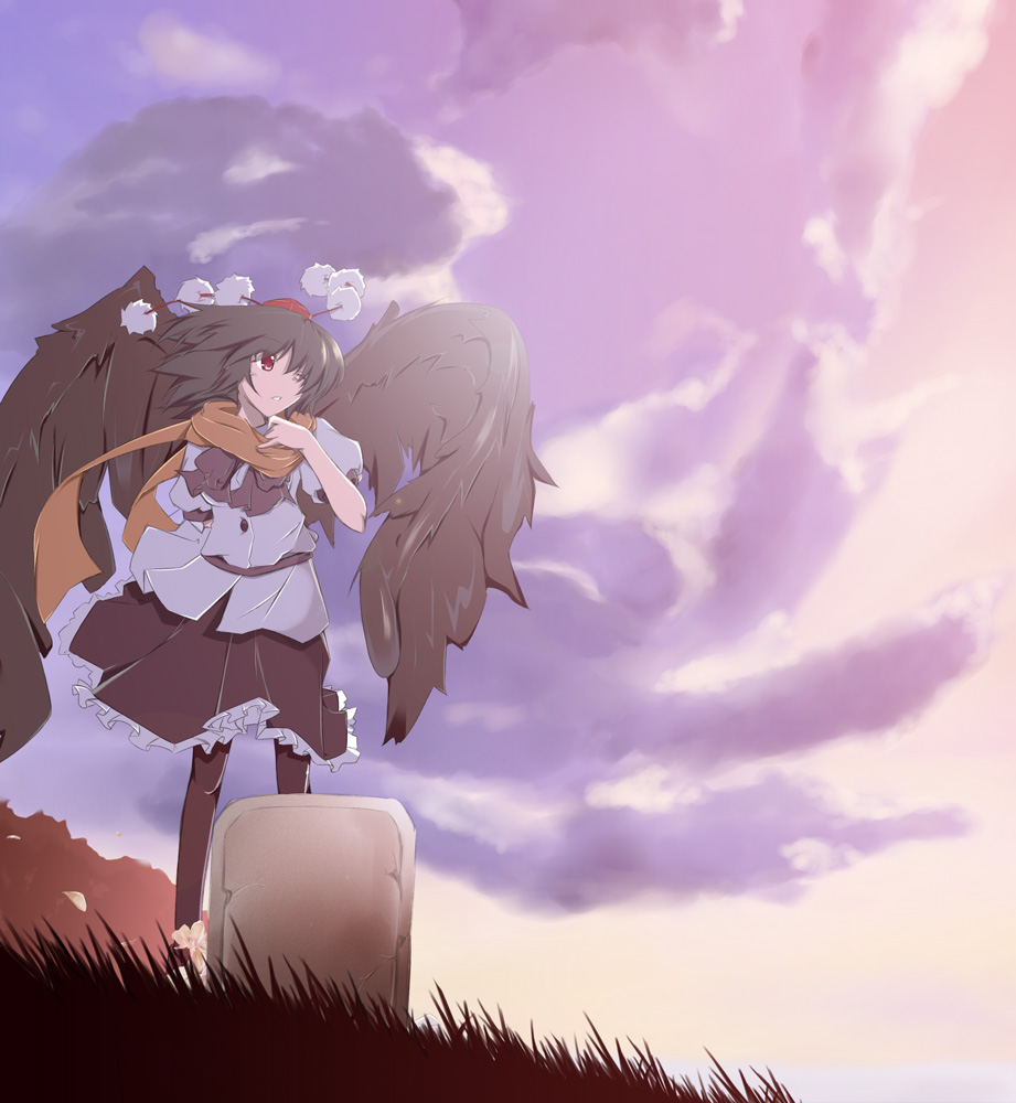 plus9, shameimaru aya, touhou, looking away, commentary request, 1girl, black hair, cloud, expressionless, female focus, hat, one eye closed, pantyhose, red eyes, scarf, short hair, skirt, sky, solo, tokin hat, wind, wings, wink