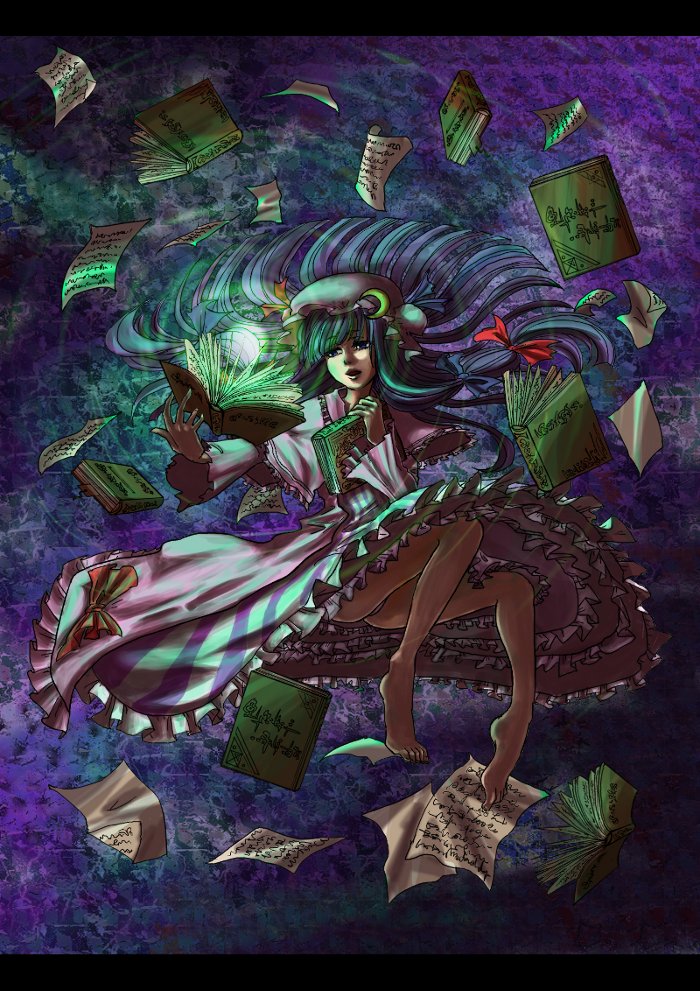 ankoku4649, patchouli knowledge, touhou, bad id, 1girl, barefoot, book, bow, crescent moon, female focus, full body, hair bow, hair ribbon, hat, long hair, magic, moon, panties, pantyshot, paper, purple eyes, purple hair, ribbon, solo, underwear