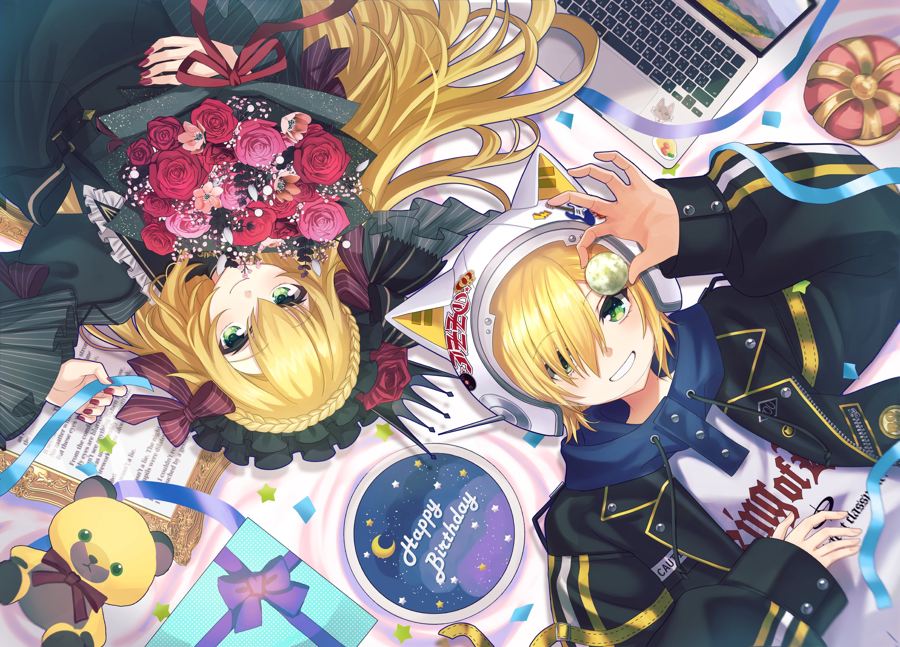 riri (riri nemuioo0), uzuki kou, uzuki kou (4th costume), uzuki kou (5th costume), nijisanji, commentary request, highres, 2boys, animal ear helmet, animal ears helmet, animal helmet, black dress, black hairband, black jacket, blonde hair, bouquet, bow, braid, cat helmet, crossdressing, crossdressing (mtf), crown, crown braid, dress, dual persona, eyes visible through hair, flower, frilled hairband, frilled sleeves, frills, green eyes, hair over one eye, hairband, happy birthday, helmet, holding, holding bouquet, hood, hood down, hoodie, jacket, long hair, looking at viewer, male focus, multiple boys, nail polish, official alternate costume, red bow, red flower, red rose, ribbon, rose, rotational symmetry, smile, trap, virtual youtuber