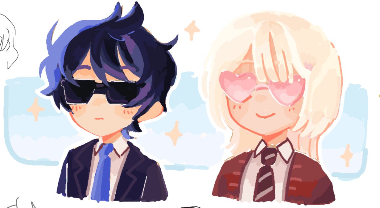 akinashi haru, tatsunami shion, saihate eki, commentary, english commentary, 2boys, black hair, black jacket, blonde hair, blue background, blue necktie, blush, cardigan, collared shirt, cropped torso, diagonal-striped clothes, diagonal-striped necktie, hair between eyes, heart, heart-shaped eyewear, jacket, male focus, medium hair, multiple boys, necktie, open cardigan, open clothes, open jacket, red cardigan, red necktie, shirt, short hair, simple background, smile, sparkle, striped clothes, suit jacket, sunglasses, tosteurmori, upper body, white background, white shirt