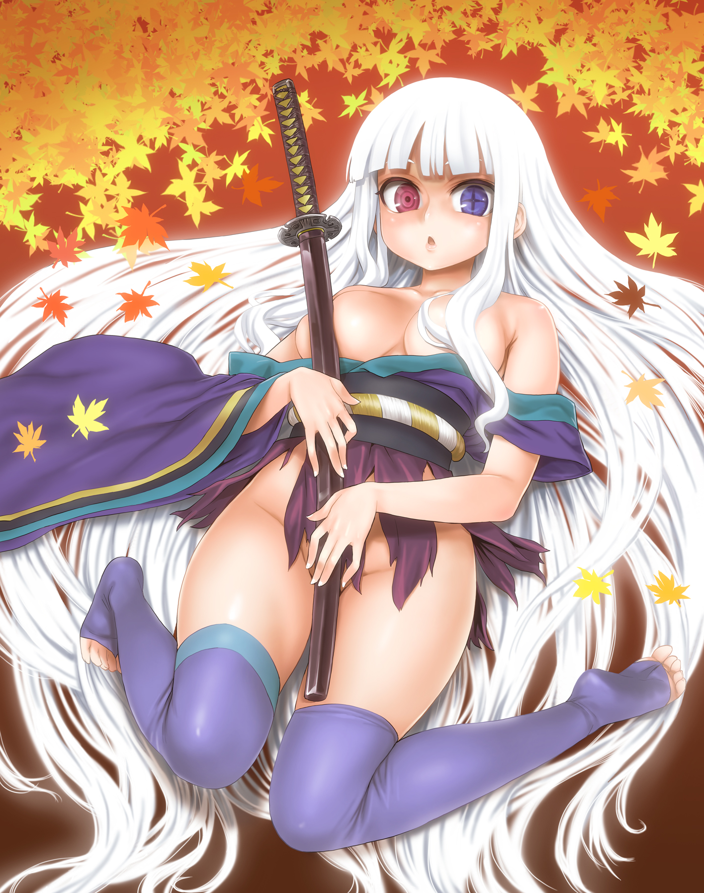 asanagi, togame, katanagatari, character request, highres, 1girl, :o, bare shoulders, barefoot, blue eyes, bottomless, breasts, censored, convenient censoring, convenient hair, covering breasts, covering privates, feet, female focus, groin, hair over breasts, hair over one breast, heterochromia, japanese clothes, katana, kimono, leaf, legs, lips, long hair, lying, no panties, purple thighhighs, red eyes, sheath, sheathed, solo, sword, symbol-shaped pupils, thighhighs, toeless legwear, toes, torn clothes, very long hair, weapon, white hair, yukata