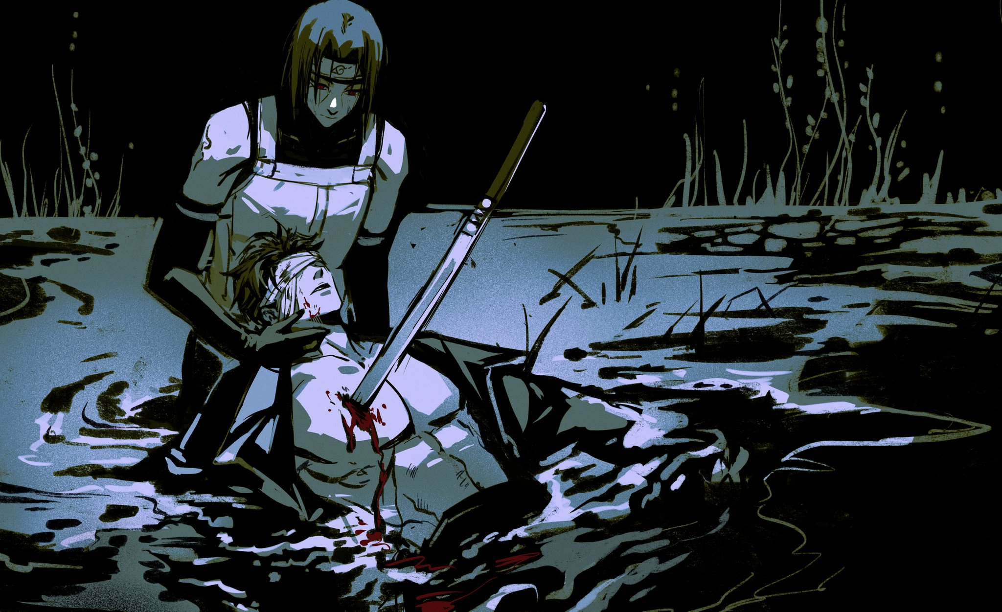 momoyoru1, uchiha itachi, uchiha shisui, naruto (series), naruto shippuuden, commentary, highres, 2boys, alternate design, bandage over one eye, bleeding, blood, blood on face, curtained hair, forehead protector, katana, konohagakure anbu uniform, konohagakure symbol, male focus, multiple boys, no nipples, open clothes, partially submerged, pectorals, short hair, stab, sword, weapon