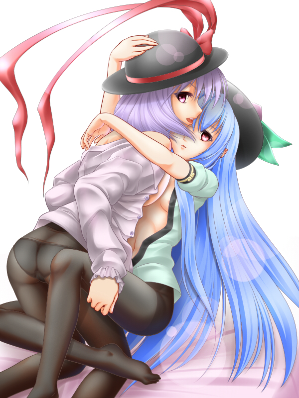koibumi, hinanawi tenshi, nagae iku, touhou, bad id, bad pixiv id, 2girls, ass, blue hair, bottomless, female focus, food, fruit, hat, hug, long hair, multiple girls, no pants, open clothes, open shirt, panties, panties under pantyhose, pantyhose, peach, purple hair, red eyes, shirt, short hair, underwear, yuri