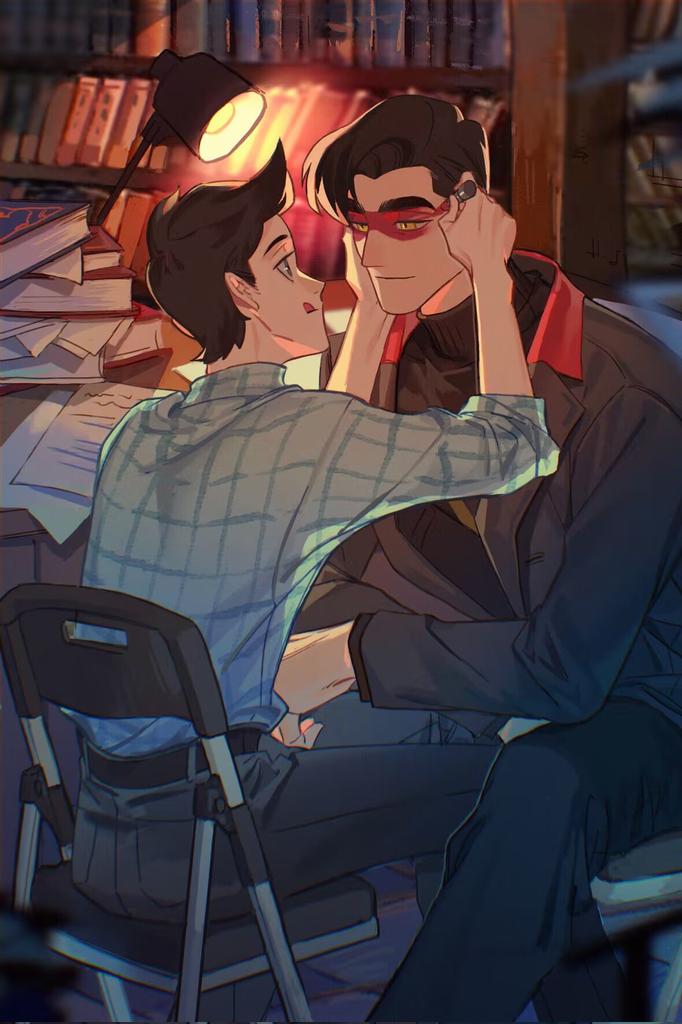 commentary request, 2boys, :q, animification, anthony stellar, belt, black hair, black pants, black sweater, blue shirt, book, book stack, bookshelf, chair, closed mouth, desk lamp, elijah douchnov, hel1132, indoors, jacket, lamp, library, long sleeves, looking at another, male focus, mask, multiple boys, my student spirit, pants, plaid clothes, plaid shirt, shirt, short hair, sitting, sleeves rolled up, sweater, tongue, tongue out, yaoi