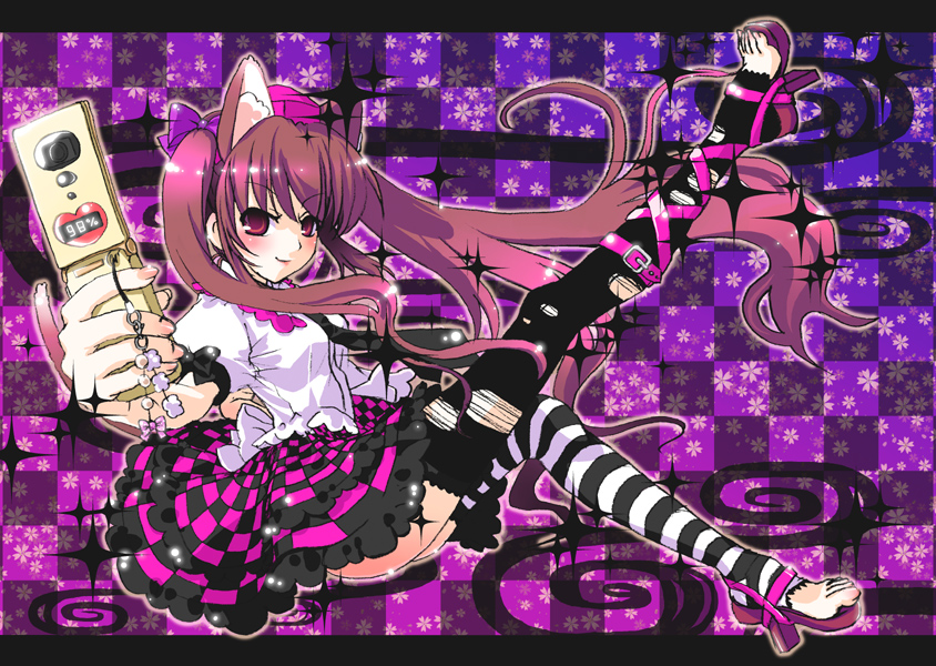 kasane, himekaidou hatate, touhou, 1girl, animal ear fluff, animal ears, asymmetrical clothes, asymmetrical legwear, black thighhighs, brown hair, camera phone, cat ears, cat girl, cat tail, cellphone, cellphone charm, charm (object), checkered background, checkered clothes, checkered skirt, female focus, full body, geta, hat, kemonomimi mode, legs, mismatched legwear, necktie, phone, red eyes, short hair, skirt, solo, striped clothes, striped thighhighs, tail, thighhighs, toeless legwear, tokin hat, torn clothes, torn thighhighs, twintails