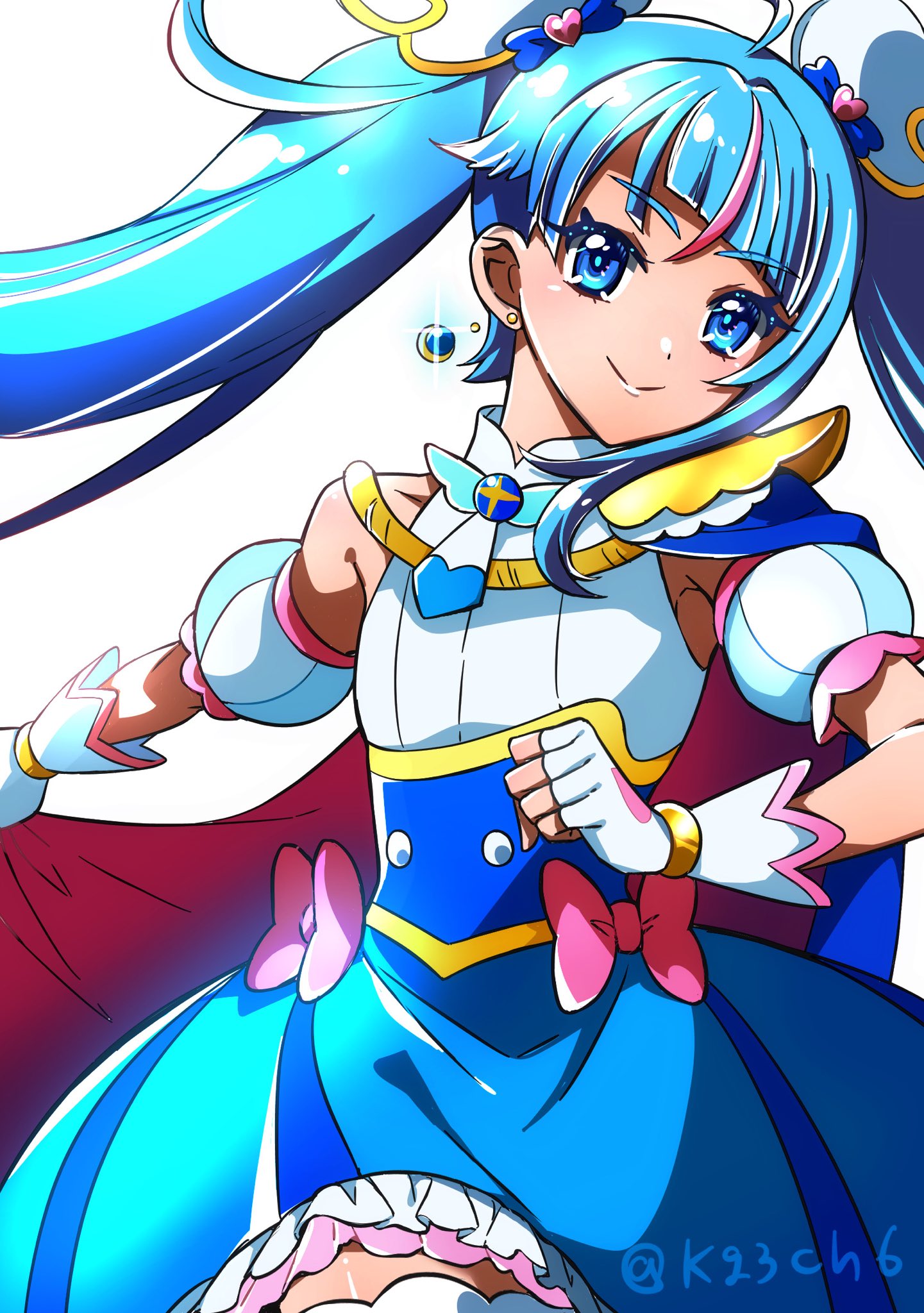 kagami chihiro, cure sky, sora harewataru, hirogaru sky! precure, precure, commentary, highres, 1girl, blue cape, blue dress, blue eyes, blue hair, bow, brooch, cape, closed mouth, cut bangs, detached sleeves, dress, dress bow, earrings, fingerless gloves, frilled dress, frills, gloves, hair ornament, head tilt, jewelry, long hair, looking at viewer, magical girl, multicolored hair, pink bow, pink hair, puffy detached sleeves, puffy sleeves, red cape, short dress, simple background, single sidelock, sleeveless, sleeveless dress, smile, solo, sparkle, standing, streaked hair, twintails, two-sided cape, two-sided fabric, two-tone dress, two-tone hair, very long hair, white background, white dress, white gloves, wing brooch, wing hair ornament