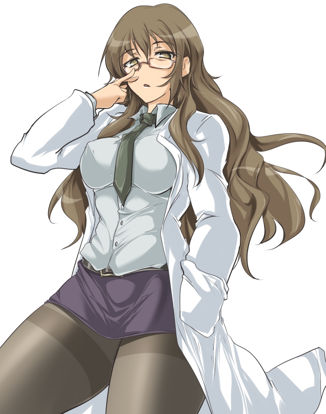 momio, kiyama harumi, toaru kagaku no railgun, toaru majutsu no index, 1girl, adjusting eyewear, bespectacled, black necktie, breasts, brown hair, coat, covered erect nipples, curvy, feet out of frame, female focus, glasses, grey shirt, hair between eyes, hand in pocket, hand up, hip focus, lab coat, large breasts, long hair, looking at viewer, miniskirt, necktie, open mouth, pantyhose, pencil skirt, shirt, simple background, skirt, solo, thick thighs, thighband pantyhose, thighs, white background, white coat, wide hips, yellow eyes