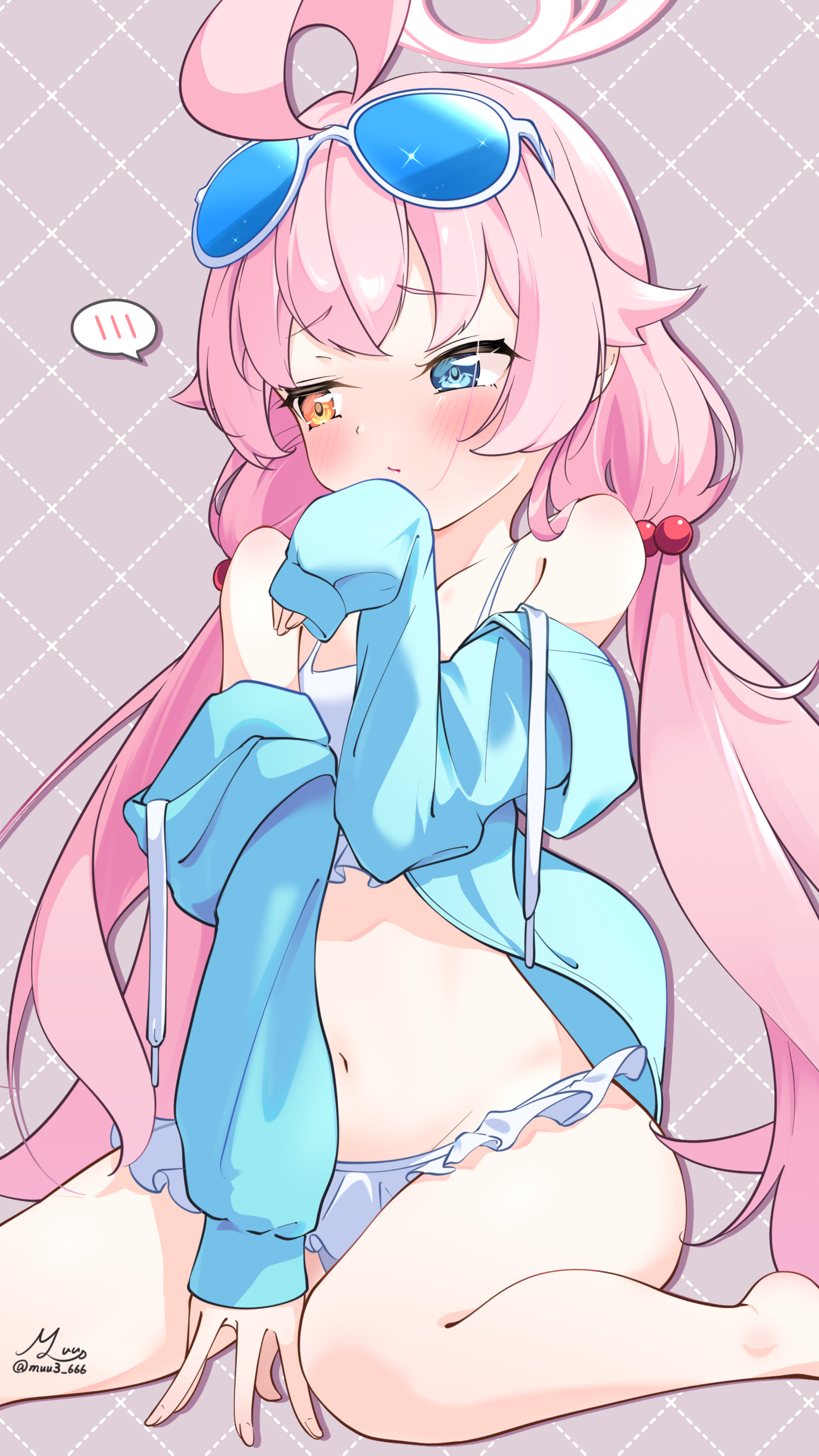 muu3 illust, hoshino (blue archive), blue archive, absurdres, commentary request, highres, 1girl, ahoge, bare shoulders, barefoot, between legs, bikini, blue-tinted eyewear, blue eyes, blue jacket, blush, closed mouth, collarbone, embarrassed, eyewear on head, feet out of frame, frilled bikini, frills, frown, furrowed brow, grey background, hair between eyes, hair bobbles, hair ornament, halo, hand between legs, hand up, heterochromia, huge ahoge, jacket, jacket partially removed, long hair, looking to the side, low twintails, navel, official alternate costume, official alternate hairstyle, open clothes, open jacket, pink hair, pink halo, sidelocks, signature, simple background, sitting, sleeves past wrists, solo, sparkle, speech bubble, spoken blush, stomach, sunglasses, swimsuit, thighs, tinted eyewear, twintails, twitter username, very long hair, wariza, white-framed eyewear, white bikini, yellow eyes