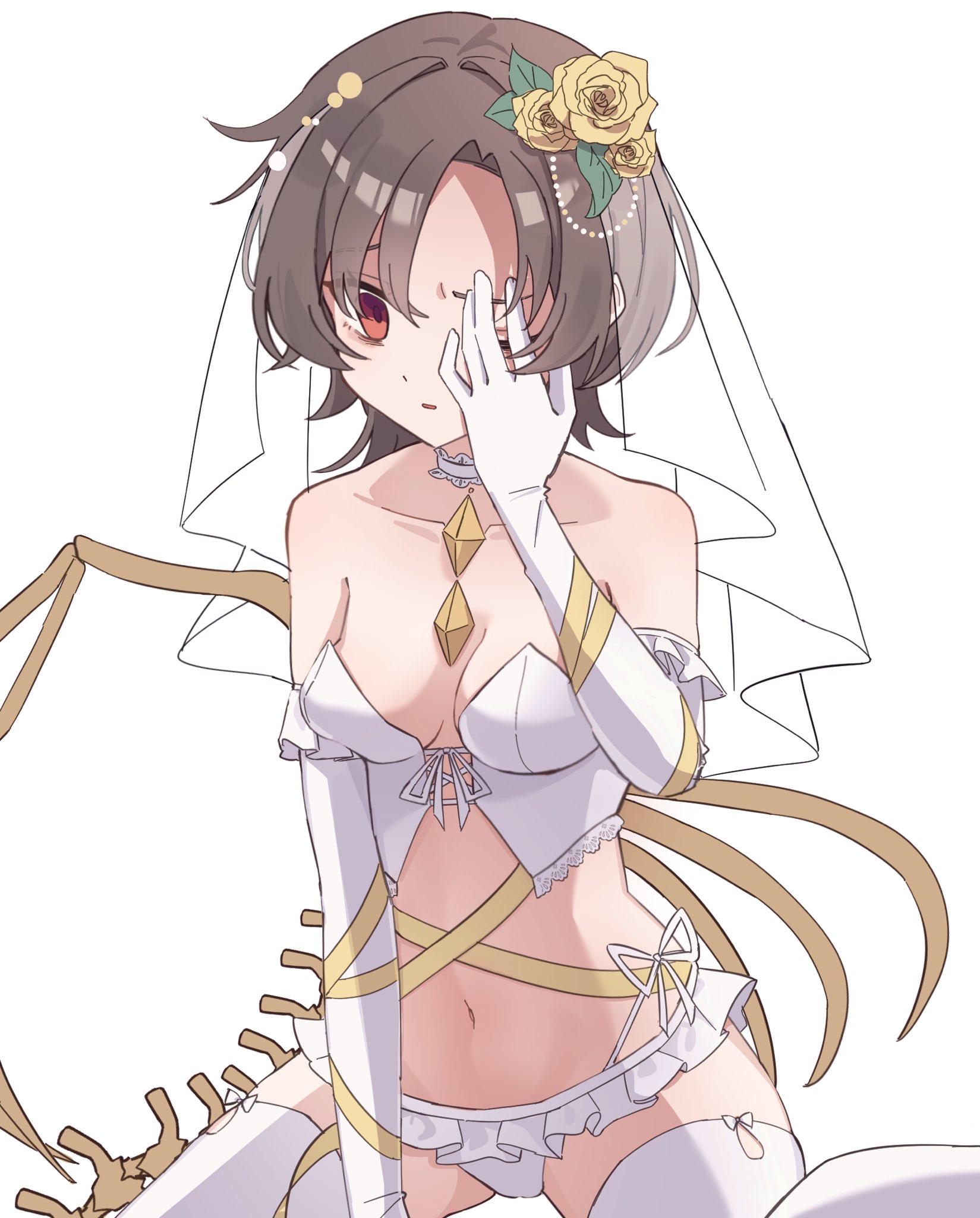 ww333v, iwanaga ariya, touhou, commentary request, flower request, highres, 1girl, asymmetrical wings, bags under eyes, bone, breasts, bridal lingerie, bridal veil, brown hair, choker, cleavage, detached sleeves, dress, eyes visible through hair, feet out of frame, flower, hair flower, hair ornament, hand over eye, kneeling, lingerie, medium breasts, nontraditional wedding dress, one eye closed, parted lips, red eyes, short hair, skeletal wings, solo, thighhighs, underwear, veil, wedding dress, white background, white thighhighs, wings, yellow flower