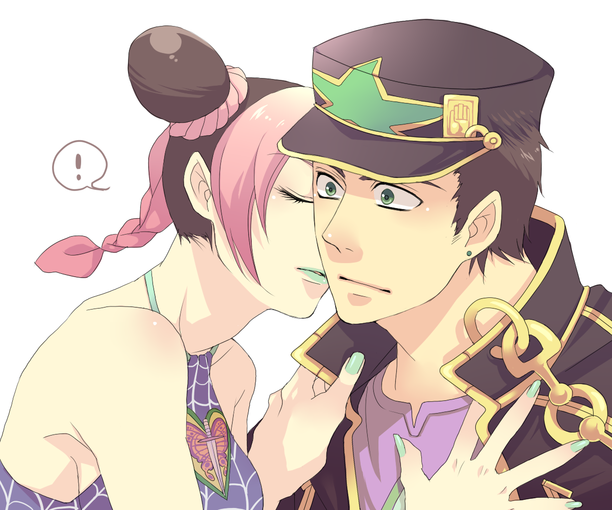 hanaichi (hana13), kuujou jolyne, kuujou joutarou, jojo no kimyou na bouken, stone ocean, !, 1boy, 1girl, age difference, cone hair bun, double bun, father and daughter, green lips, green nails, hair bun, halterneck, hat, heart, hetero, imminent kiss, kiss, kissing cheek, lipstick, makeup, multicolored hair, nail polish
