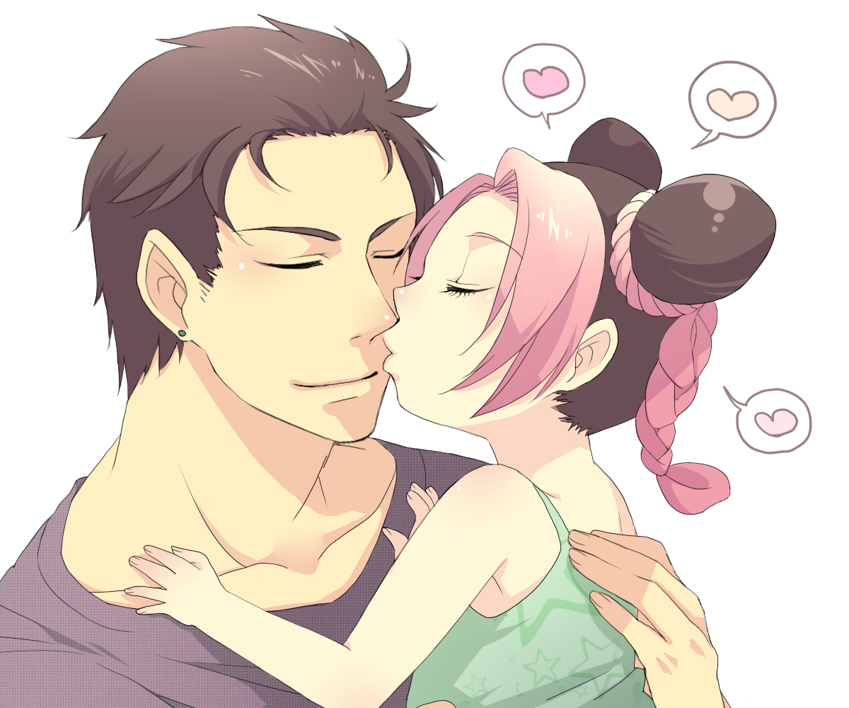 hanaichi (hana13), kuujou jolyne, kuujou joutarou, jojo no kimyou na bouken, stone ocean, 1boy, 1girl, age difference, aged down, braid, cone hair bun, double bun, earrings, family bonding, father and daughter, hair bun, heart, hetero, jewelry, kiss, multicolored hair, no headwear, simple background, spoken heart, stud earrings, white background