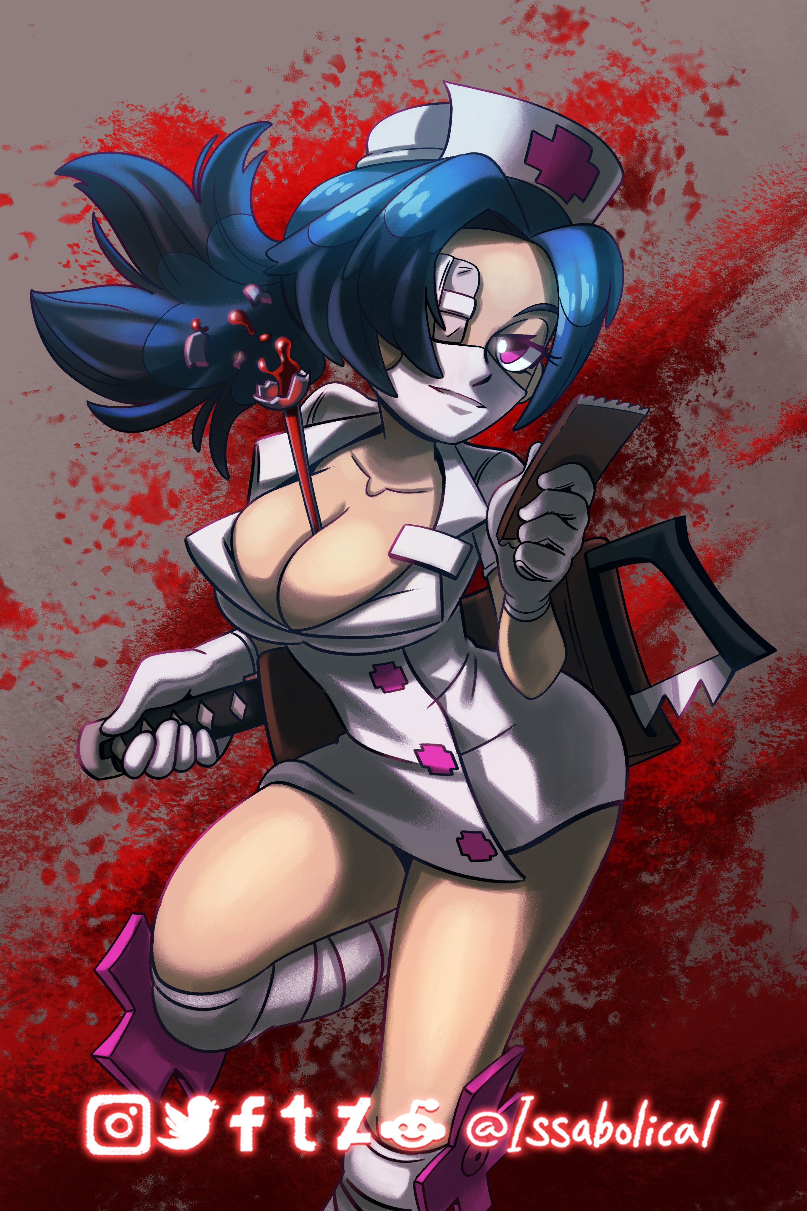 issabolical, valentine (skullgirls), skullgirls, absurdres, commentary, english commentary, highres, 1girl, 2022, bandaged leg, bandages, between breasts, blood, blood splatter, blue hair, bonesaw, breasts, candy, chocolate, chocolate bar, cleavage, clenched hand, cross, dress, dynamic pose, eyepatch, female focus, food, foot out of frame, gloves, hat, holding, holding food, large breasts, leg up, long hair, looking at viewer, mask, mouth mask, nurse, nurse cap, parted bangs, ponytail, red cross, red eyes, saw, sheath, skull, solo, surgical mask, thermometer, valentine, white dress, white gloves