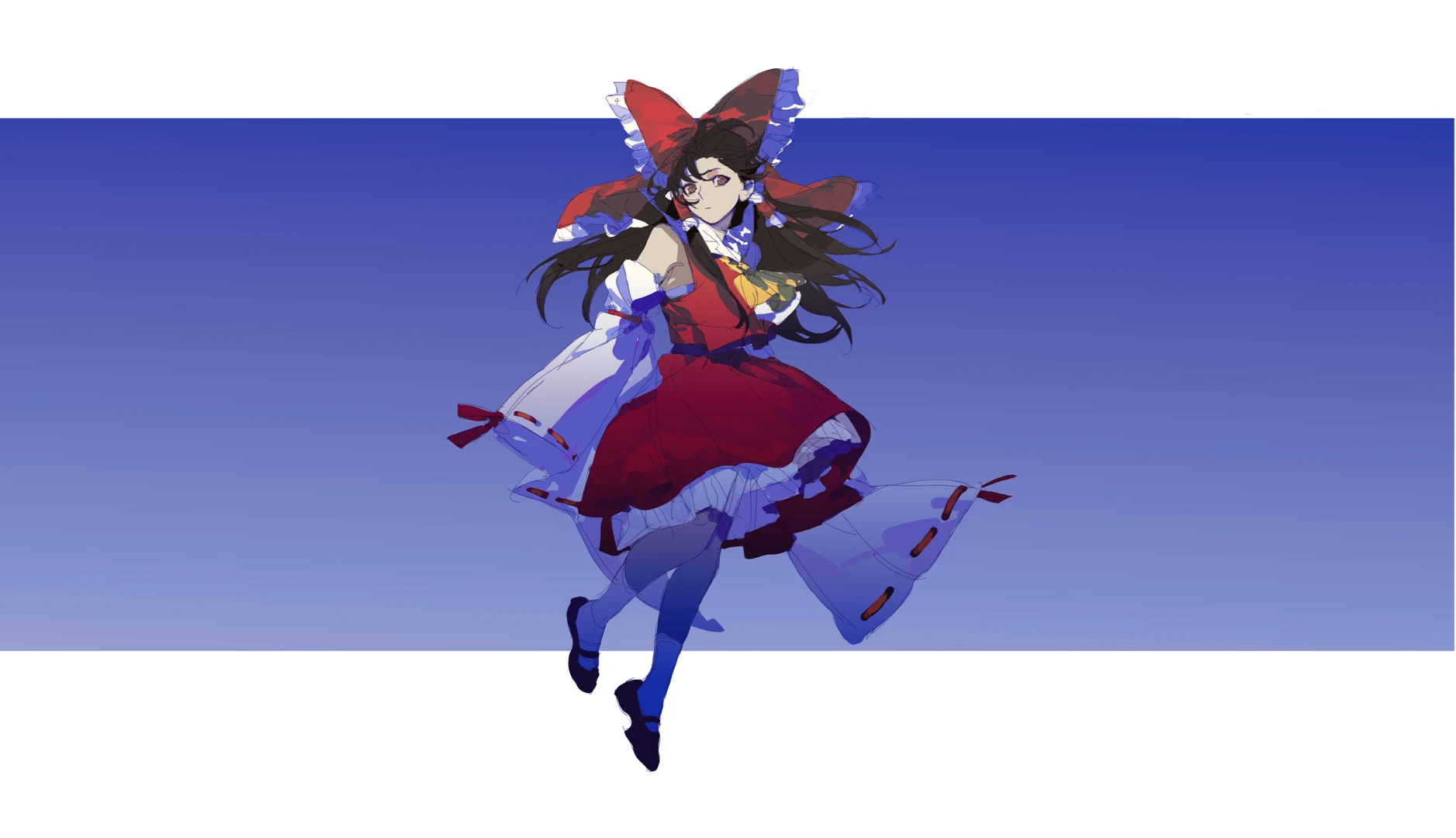 yongyu366, hakurei reimu, touhou, chinese commentary, commentary, highres, 1girl, ascot, black shoes, blue background, bow, brown eyes, closed mouth, detached sleeves, frilled bow, frilled hair tubes, frills, full body, hair bow, hair ribbon, hair tubes, long sleeves, looking at viewer, mary janes, red bow, red ribbon, red shirt, red skirt, ribbon, ribbon-trimmed sleeves, ribbon trim, shirt, shoes, skirt, sleeves past fingers, sleeves past wrists, solo, white sleeves, wide sleeves, yellow ascot