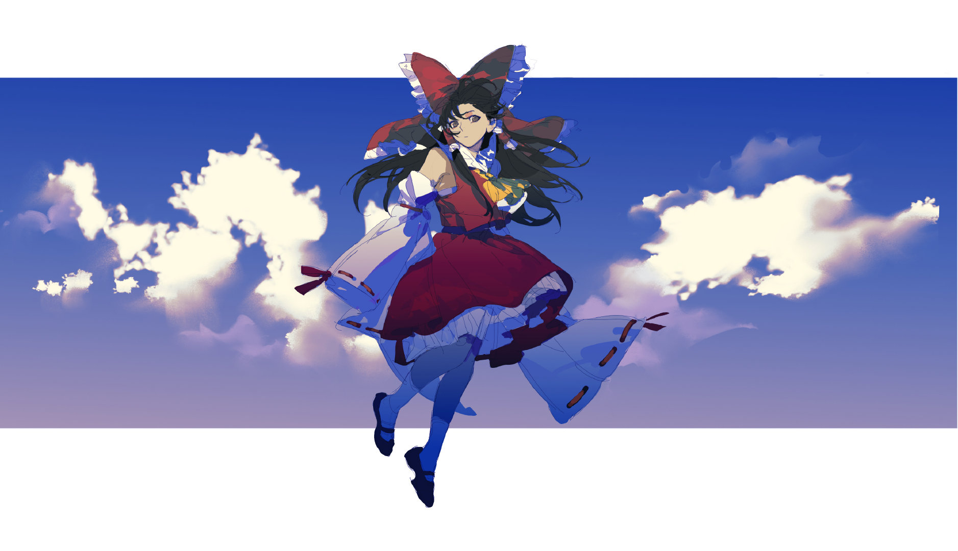 yongyu366, hakurei reimu, touhou, chinese commentary, commentary, highres, 1girl, ascot, black shoes, blue background, bow, brown eyes, closed mouth, cloud, detached sleeves, frilled bow, frilled hair tubes, frills, full body, hair bow, hair ribbon, hair tubes, long sleeves, looking at viewer, mary janes, red bow, red ribbon, red shirt, red skirt, ribbon, ribbon-trimmed sleeves, ribbon trim, shirt, shoes, skirt, sleeves past fingers, sleeves past wrists, solo, white sleeves, wide sleeves, yellow ascot