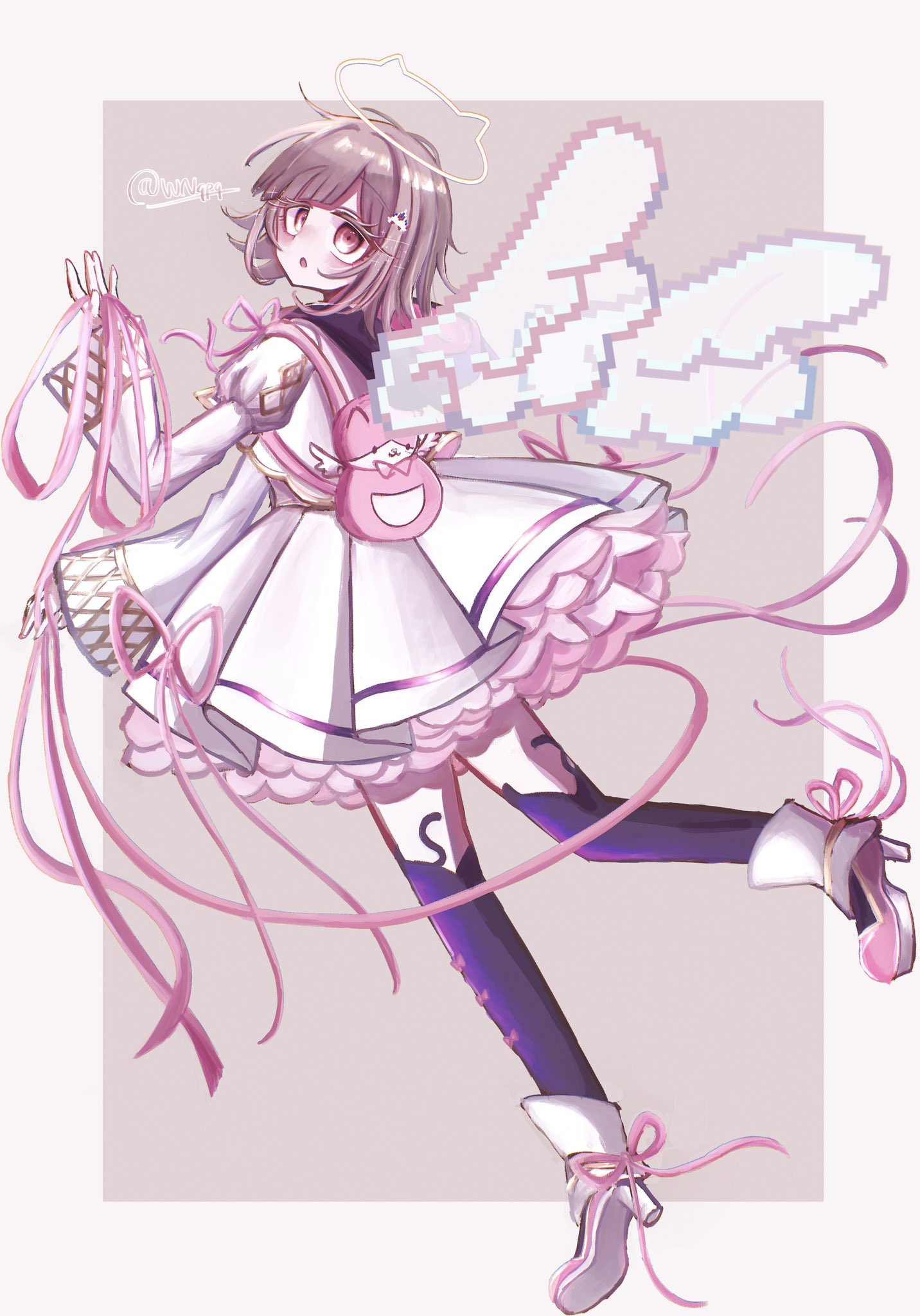 wnqpq, nanami chiaki, danganronpa (series), danganronpa 2: goodbye despair, highres, 1girl, :o, alternate costume, angel wings, animal bag, black thighhighs, blush, brown background, brown hair, cat bag, dress, flipped hair, hair ornament, halo, juliet sleeves, long sleeves, looking at viewer, medium hair, pink bag, pink eyes, puffy sleeves, shoes, solo, thighhighs, white background, white dress, wings