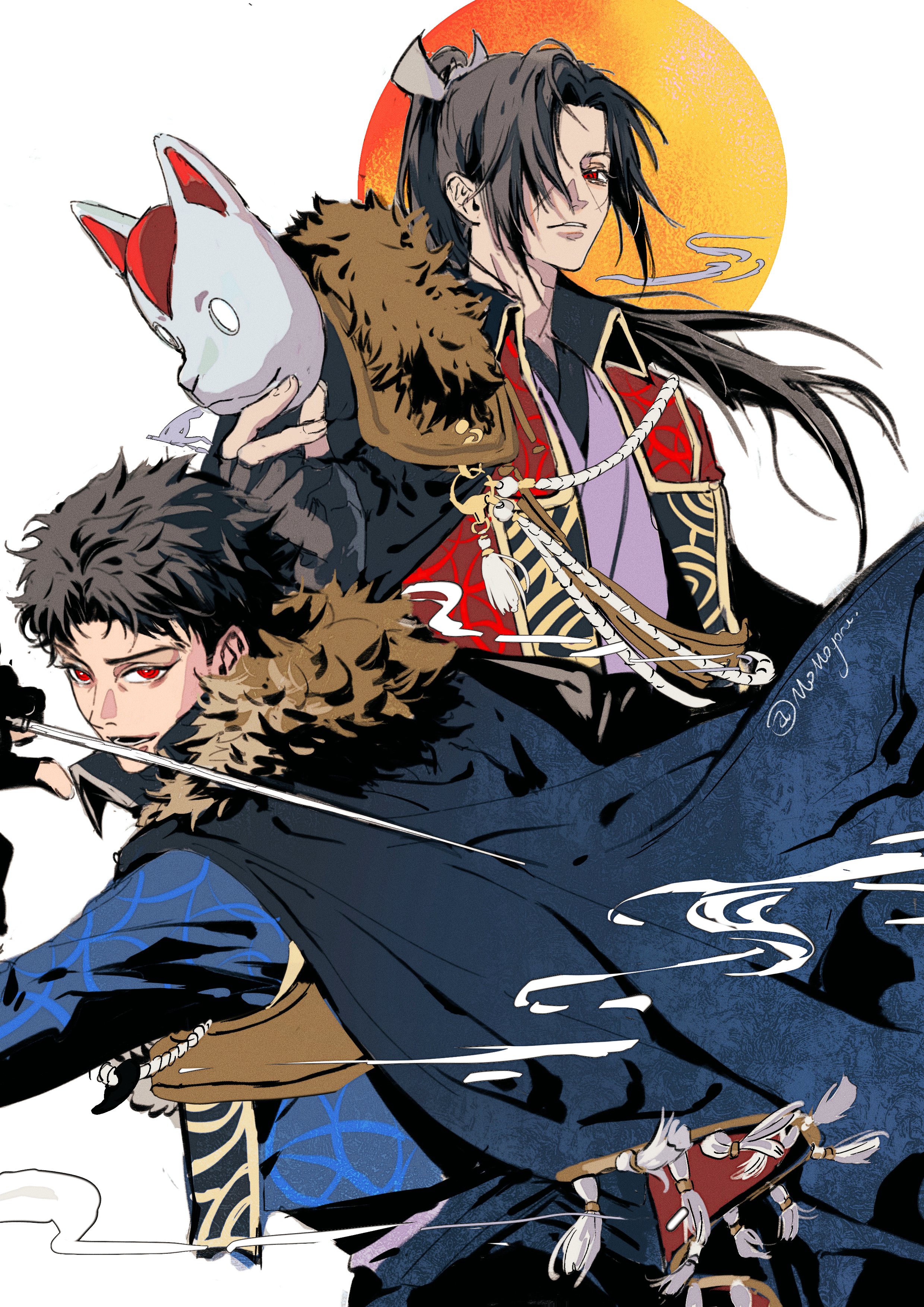 momoyoru1, uchiha itachi, uchiha shisui, naruto (series), naruto shippuuden, absurdres, commentary, highres, 2boys, alternate costume, curtained hair, floating hair, fox mask, fur trim, high ponytail, holding, holding mask, long hair, looking at viewer, male focus, mask, multiple boys, ponytail, red eyes, short hair, simple background, twitter username, white background