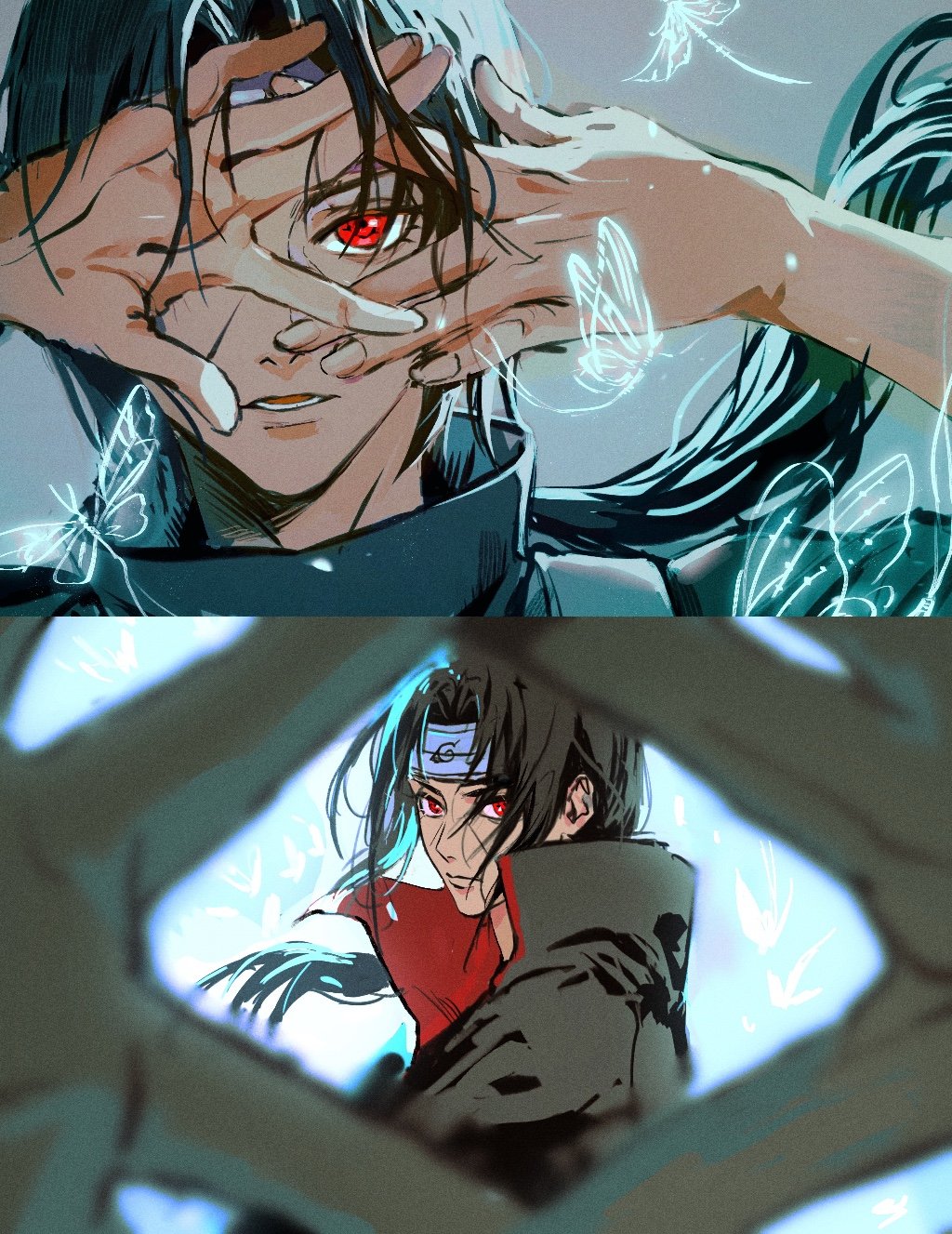 momoyoru1, uchiha itachi, naruto (series), naruto shippuuden, commentary request, highres, 1boy, akatsuki uniform, black hair, closed mouth, curtained hair, floating hair, forehead protector, hands on own face, konohagakure symbol, long hair, looking at viewer, male focus, open mouth, red eyes, sharingan, short hair, teeth, transparent animal, transparent butterfly