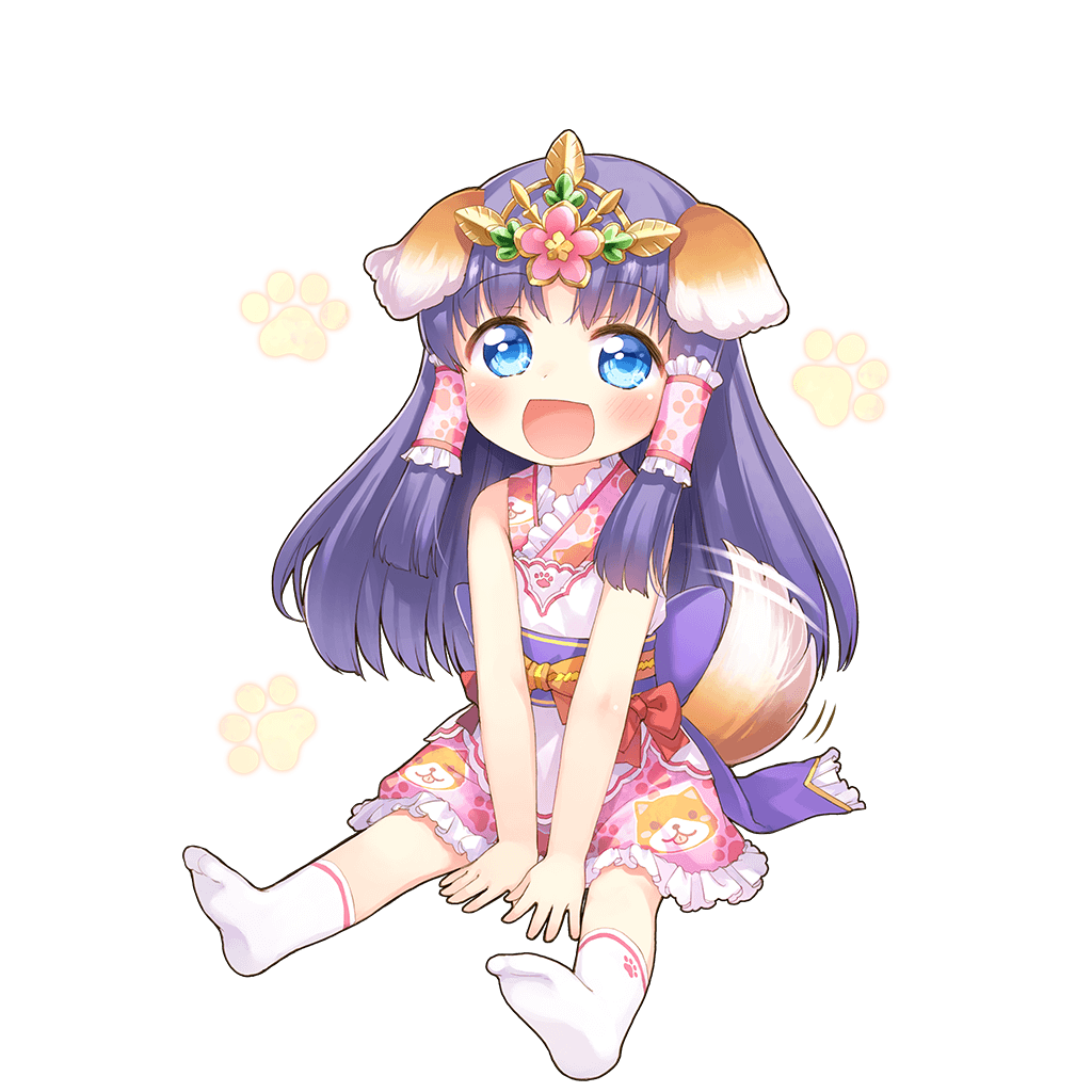 kito (sorahate), uchi no hime-sama ga ichiban kawaii, 1girl, aged down, animal ears, bare shoulders, blue eyes, circlet, dog ears, dog girl, dog tail, floppy ears, hands on ground, japanese clothes, long hair, open mouth, purple hair, satomi nami, sitting, socks, tail, tail wagging, white socks