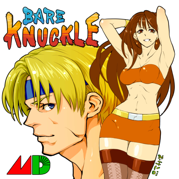okeko, axel stone, blaze fielding, streets of rage, translation request, armpits, arms behind head, arms up, bare arms, belt, blonde hair, blue eyes, blue headband, bra, breasts, brown eyes, brown hair, earrings, english text, facing to the side, facing viewer, head only, headband, jewelry, legs together, lips, logo, long hair, looking at viewer, mole, mole under mouth, navel, neck, nose, red skirt, red tube top, short sleeves, skirt, smile, strapless, strapless bra, thighhighs, title, tube top, underwear, upper body, white background