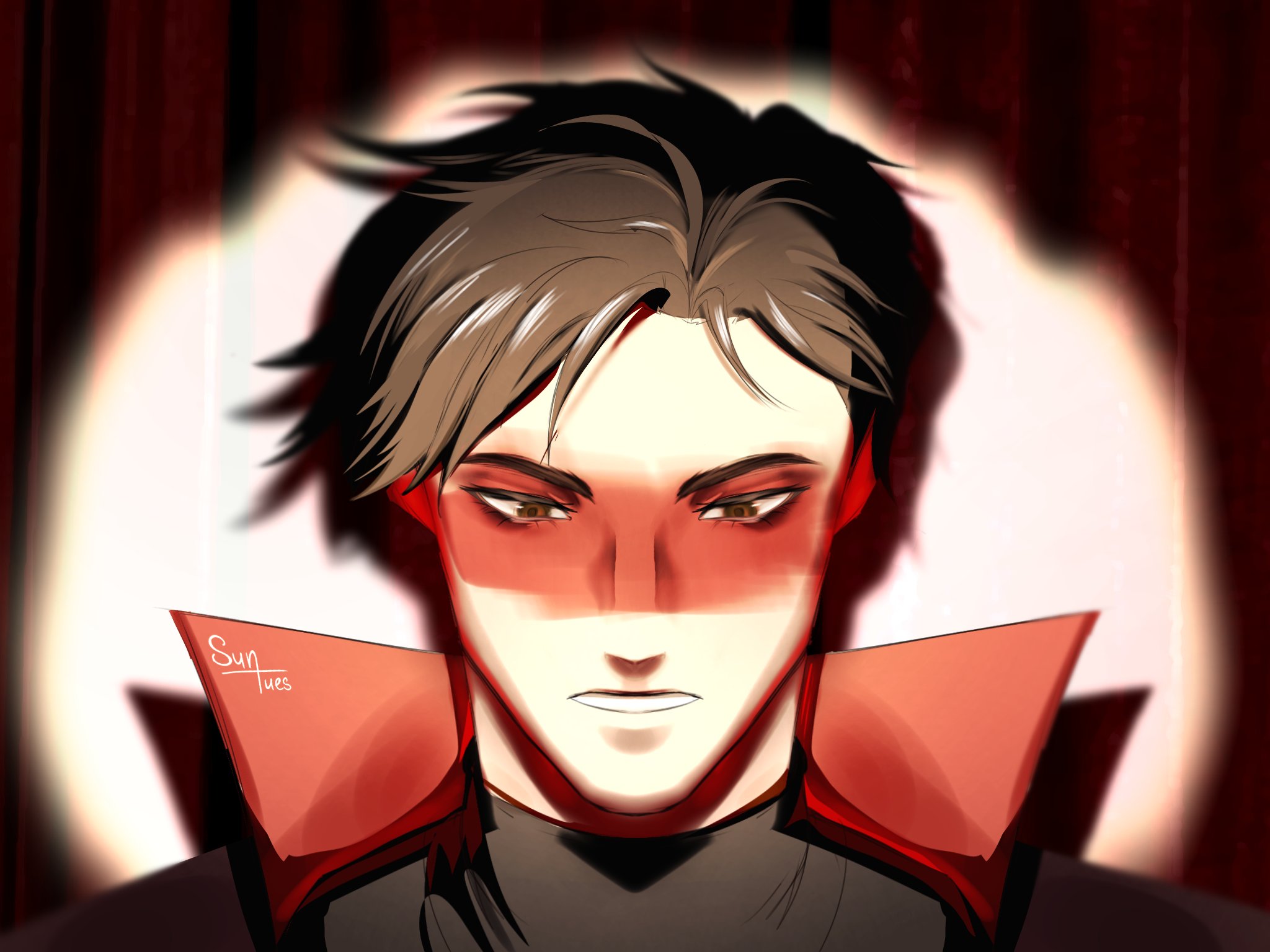 hashtag-only commentary, highres, 1boy, animification, anthony stellar, artist name, black hair, black shirt, brown eyes, jacket, lips, lipstick, looking down, makeup, male focus, my student spirit, parted lips, portrait, shadow, shirt, short hair, signature, solo, spotlight, suntues, teeth, twitter username, w, w over eye