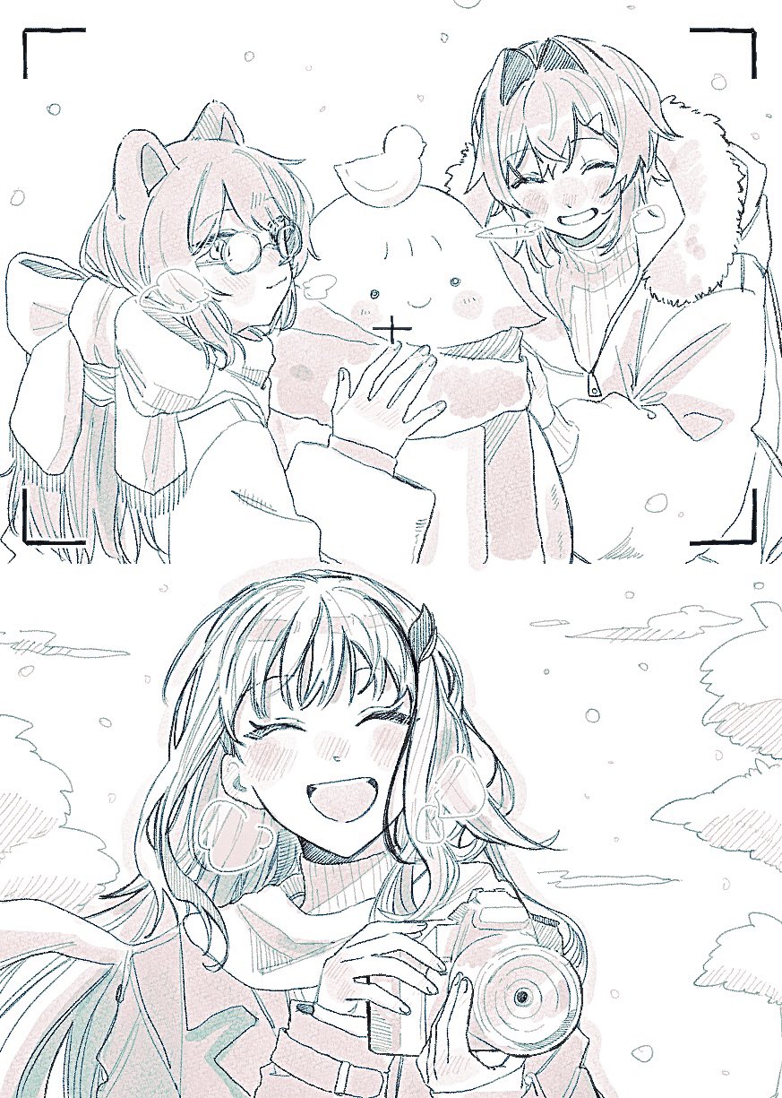 ritowani, ange katrina, inui toko, lize helesta, sanbaka (nijisanji), sebastian piyodore, nijisanji, character snowman, commentary, highres, symbol-only commentary, 3girls, :d, ^ ^, animal, animal ears, animal on head, bird, bird on head, blush, breath, camera, closed eyes, coat, dog ears, facing viewer, glasses, grin, hair intakes, hair ornament, hands up, holding, holding camera, long hair, looking at viewer, medium hair, monochrome, multiple girls, on head, open mouth, scarf, smile, snowing, snowman, turtleneck, viewfinder, virtual youtuber, winter clothes, winter coat