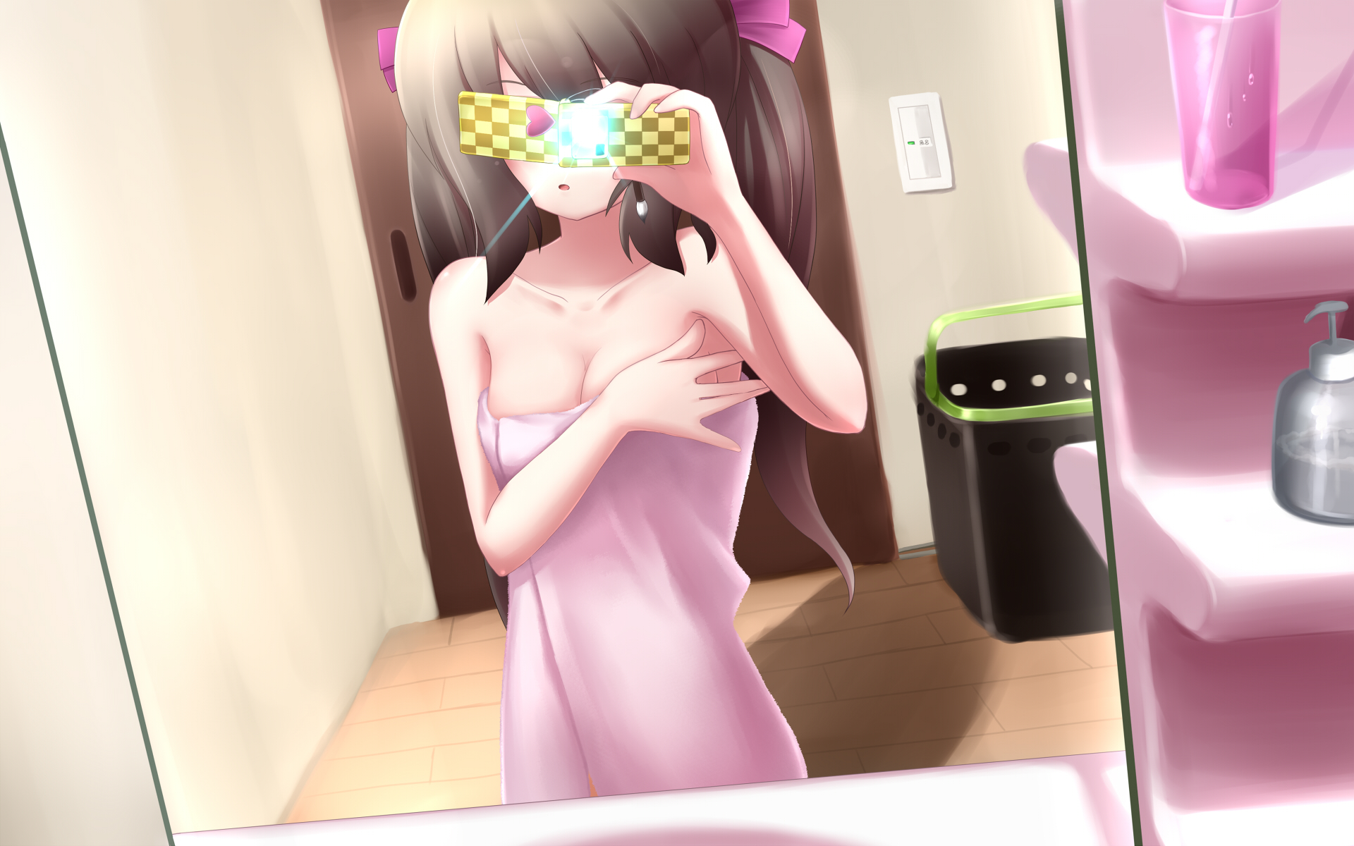 mille, himekaidou hatate, touhou, highres, 1girl, bathroom, breasts, brown hair, cellphone, covering face, covering own eyes, covering privates, female focus, large breasts, long hair, mirror, mirror selfie, naked towel, phone, phone over face, reflection, ribbon, selfie, solo, towel