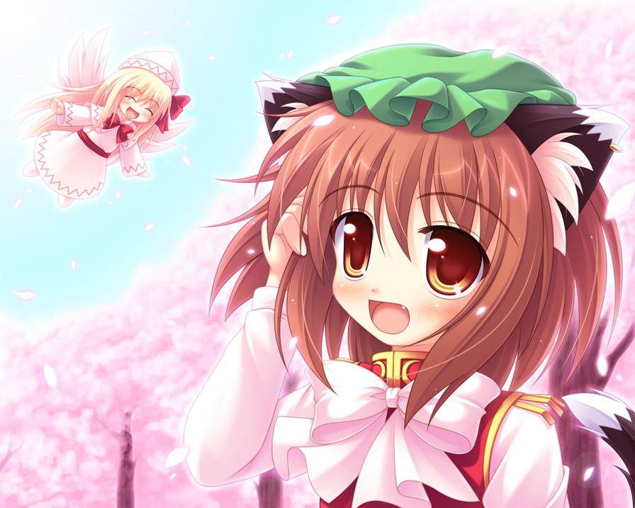 yokuran, chen, lily white, touhou, 2girls, :d, angel wings, animal ears, cat ears, cat girl, fang, female focus, happy, hat, multiple girls, open mouth, smile, wings