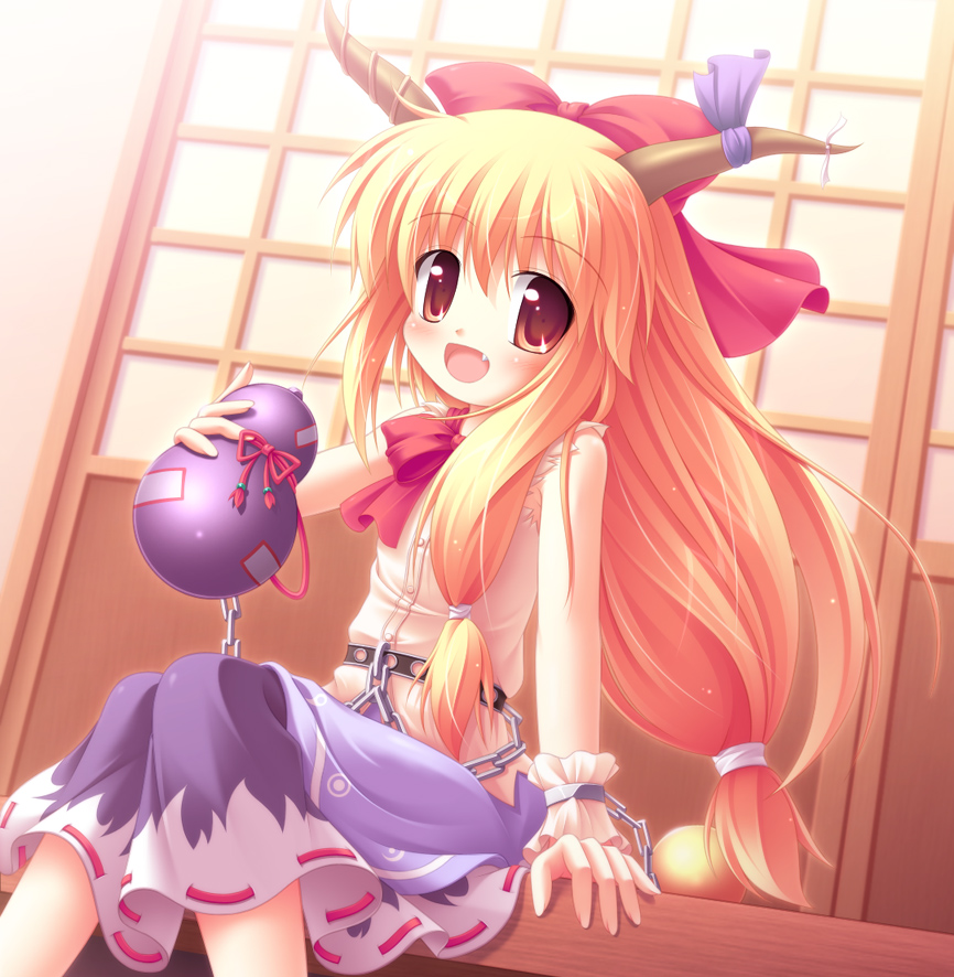 yokuran, ibuki suika, touhou, 1girl, alcohol, blonde hair, blush, bottle, bow, chain, chibi, fang, female focus, gourd, hair bow, horn ornament, horn ribbon, horns, open mouth, orange hair, ponytail, red eyes, ribbon, sake, shirt, sitting, skirt, sleeveless, sleeveless shirt, smile, solo, wrist cuffs