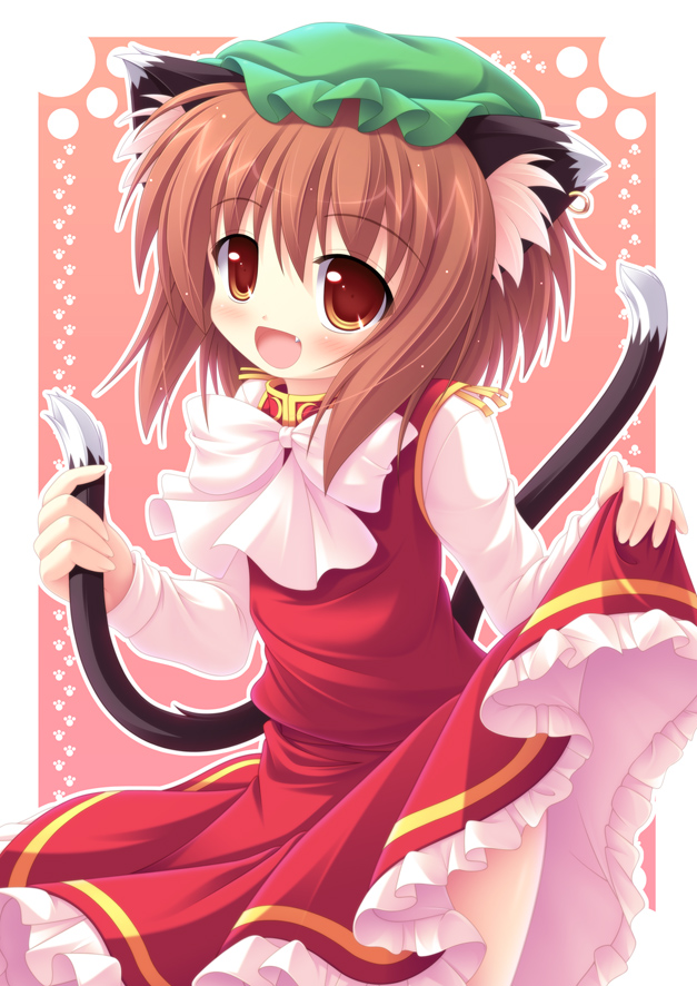 yokuran, chen, touhou, bad id, bad pixiv id, 1girl, animal ears, blush, brown eyes, brown hair, dress, fang, female focus, hat, multiple tails, solo, tail