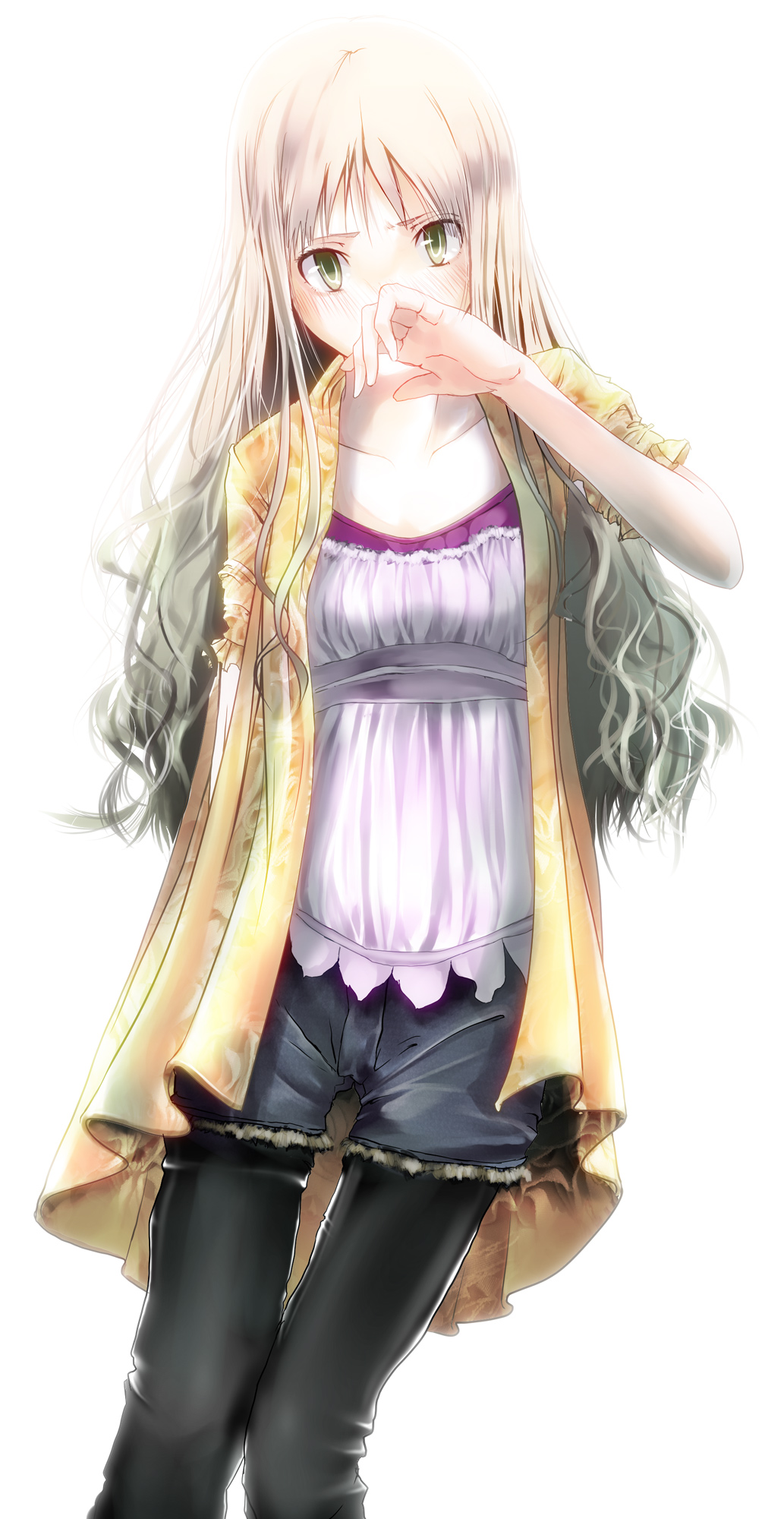 yae (mono110), hijiri byakuren, touhou, bad id, bad pixiv id, highres, 1girl, alternate costume, artistic error, backlighting, blonde hair, bloom, blush, camisole, collarbone, contemporary, covering face, female focus, gradient hair, green eyes, long hair, multicolored hair, pantyhose, pantyhose under shorts, shorts, solo, thigh gap, thighs, wavy hair