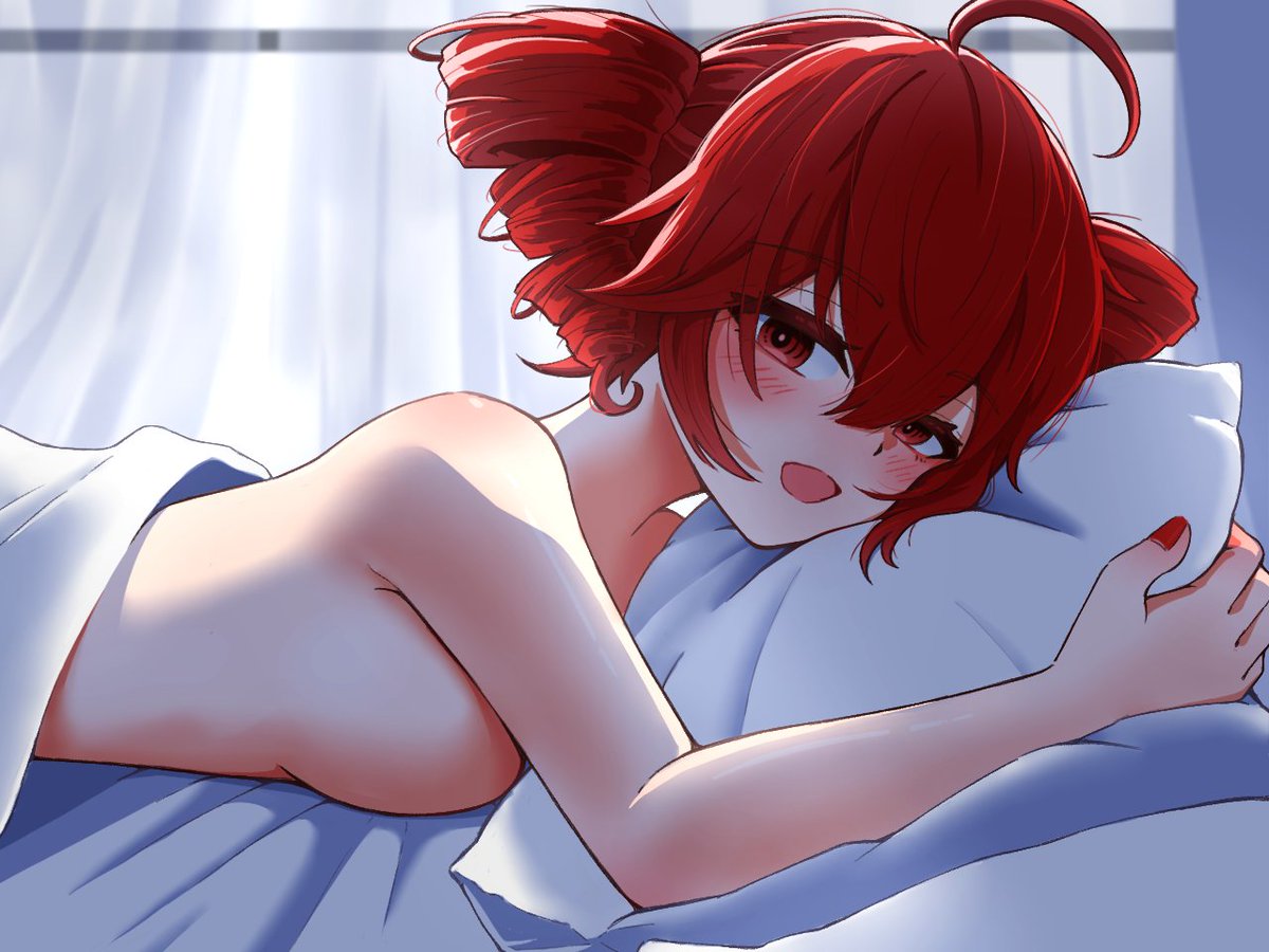 bamboo rindou, kasane teto, utau, vocaloid, 1girl, ahoge, bed, blush, breasts, drill hair, from side, hair between eyes, hair tubes, hugging object, lying, nude, on stomach, open mouth, pillow, pillow hug, red eyes, red hair, short hair, small breasts, smile, solo, twin drills