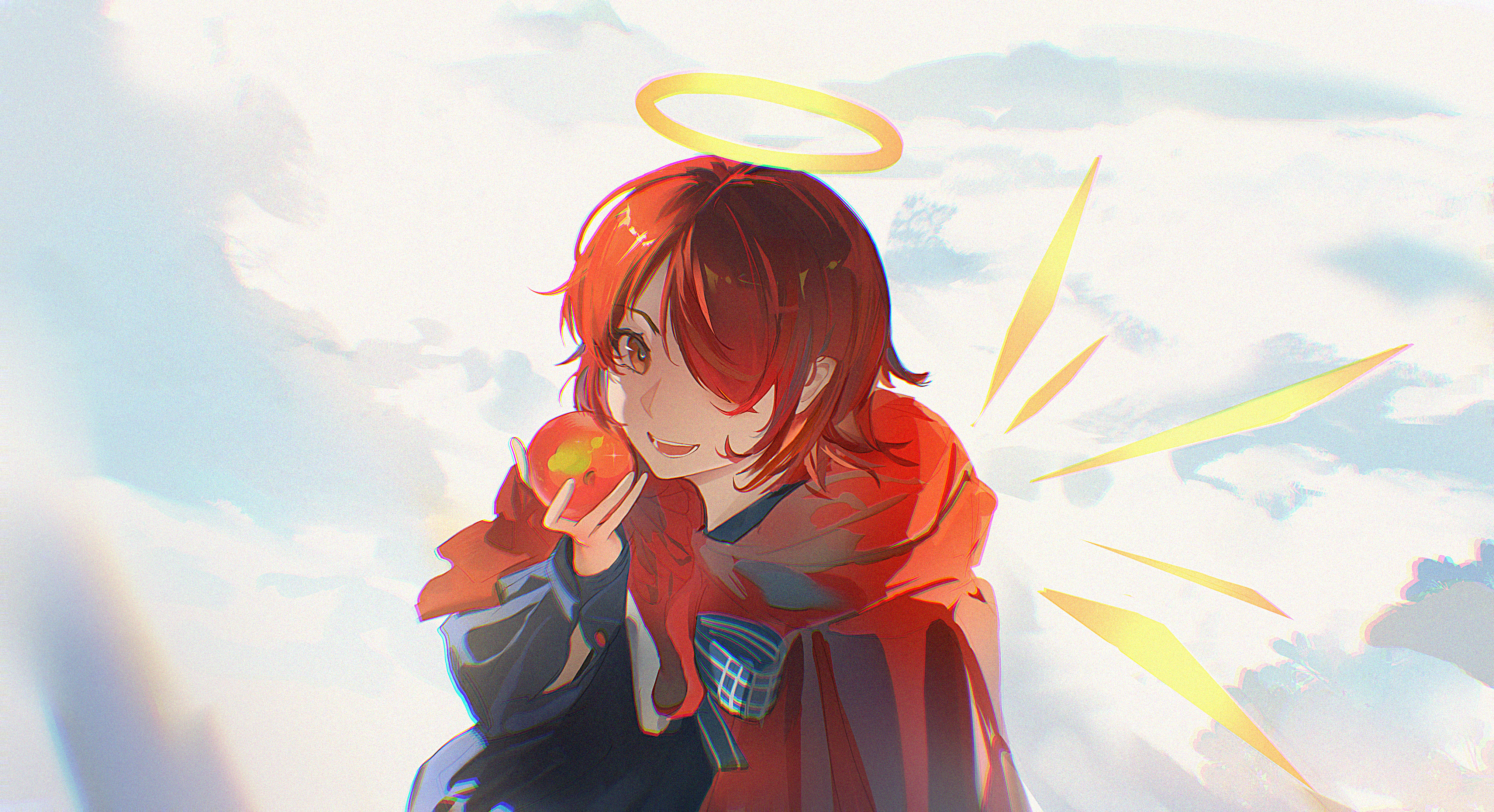 minhongchen, exusiai (arknights), exusiai the new covenant (arknights), arknights, absurdres, chinese commentary, commentary, commentary request, english commentary, highres, mixed-language commentary, 1girl, :d, black shirt, chromatic aberration, cloak, detached wings, film grain, food, fruit, hair over one eye, halo, holding, holding food, holding fruit, hood, hood down, hooded cloak, looking at viewer, one eye covered, open mouth, orange eyes, red cloak, red hair, shirt, short hair, smile, solo, traditional halo, wings, yellow halo